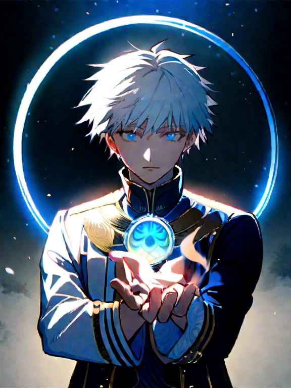 1boy, gojo satoru, blue eyes, white hair, handsome, magic light, blue circle magic, powerfull, dramatic light