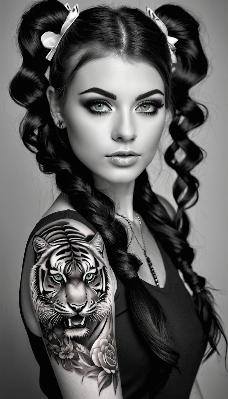 ((Monochrome, monochromeXL:1.8), Photo noire et vert), Sublime femme 30ans de dos avec deux très longues queues de cheval :1.8, double queues de cheval : 1.8, double twin ponytails : 1.8, twin tails,(dans le dos un sublime tatouage représente un tigre avec deux queues s'éloignant de nous : 1.8), Lèvres détaillées, Yeux détaillés, regard intense, cils détaillés, visage détaillé, long cheveux vert foncé, visage de séduction, ((maquillage vert)), ((((dans me dos un tatouage fin représentant un tigre de dos avec deux queues : 1.5 )))), photo du milieu du corps,(( photo noir et blanc et vert, only black and white and green photo)), (((photo noir et blanc et vert, only black and white and dark green photo, le maquillage et les cheveux, b/w, B&W,long twin ponytails)))