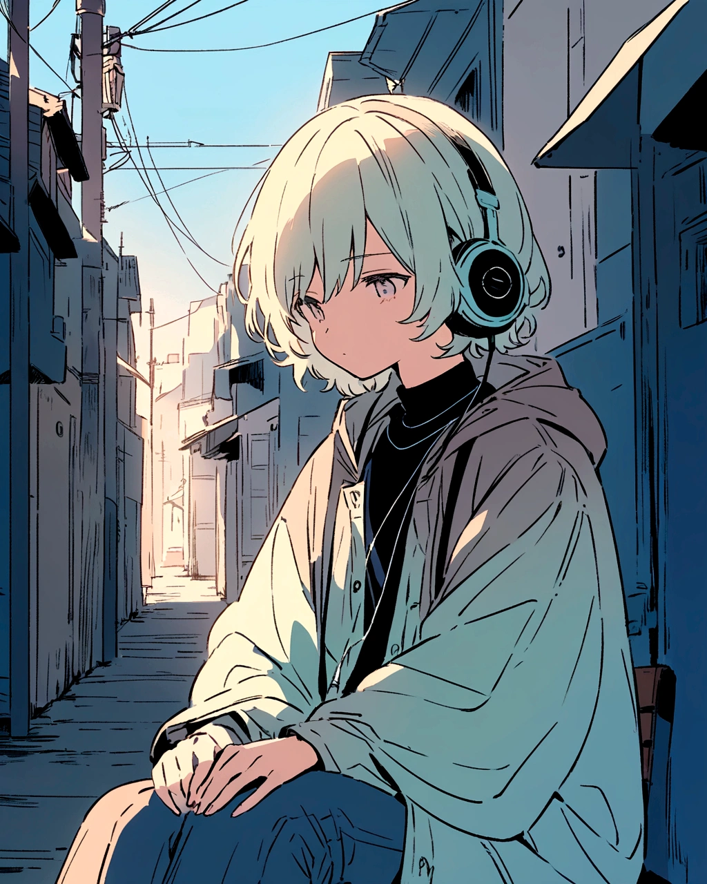 An anime-style illustration of a boy sitting on a bench in an urban setting. He has long, wavy light short hair and wears headphones. He is dressed in a casual outfit with a loose-fitting coat over a dark shirt or outfit. The background features a street with buildings and utility poles, drawn with clean, minimalistic lines and pastel colors. The overall color scheme is soft and light, giving the image a serene and relaxed atmosphere."