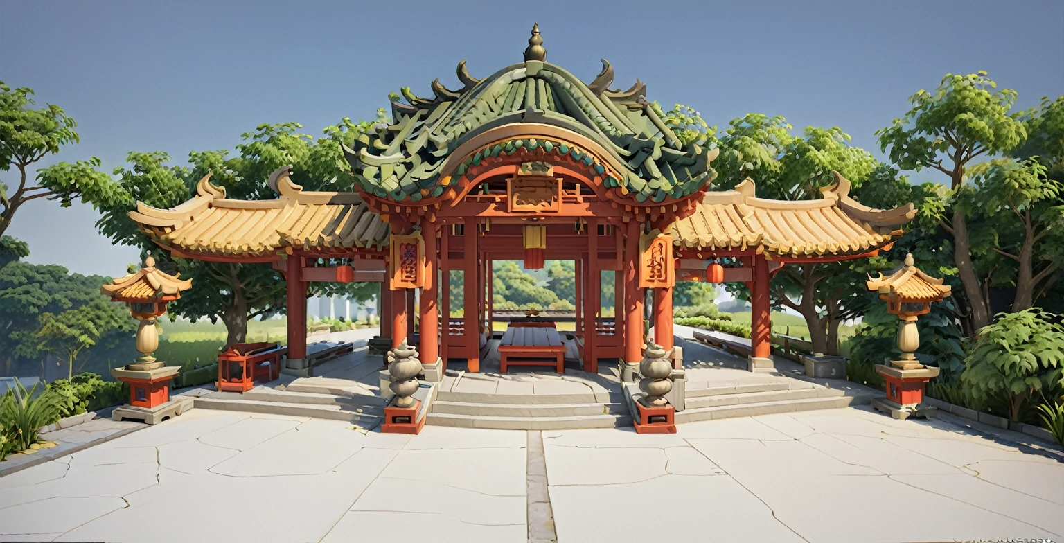 屋顶上有一个凉pavilion,Flowers and green plants are planted on it, Covered outdoor stage, 唐朝的美丽Rendering, detailed Rendering, 完全详细Rendering, wedding, Front perspective, Rendering, 3d Rendering, 3 d Rendering, 非常详细的Rendering, pavilion, 预Rendering, Dahua Temple, shrine, 在 lumion pro 中Rendering, a digital Rendering