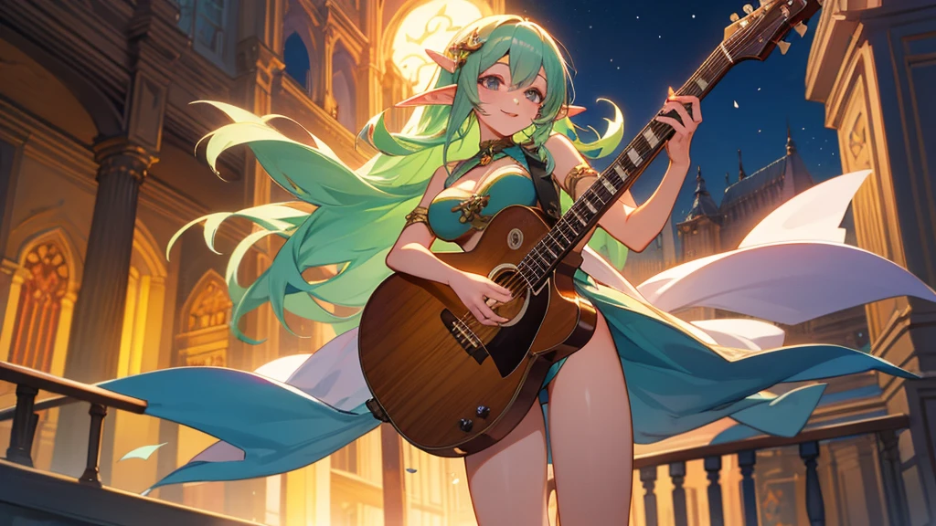 Anime Style,night,Detailed background,Magical World,A lively balcony with many people,Smiling bard beautiful elf girl,guitar,Large Breasts,Healthy thighs,Underarm,Barefoot