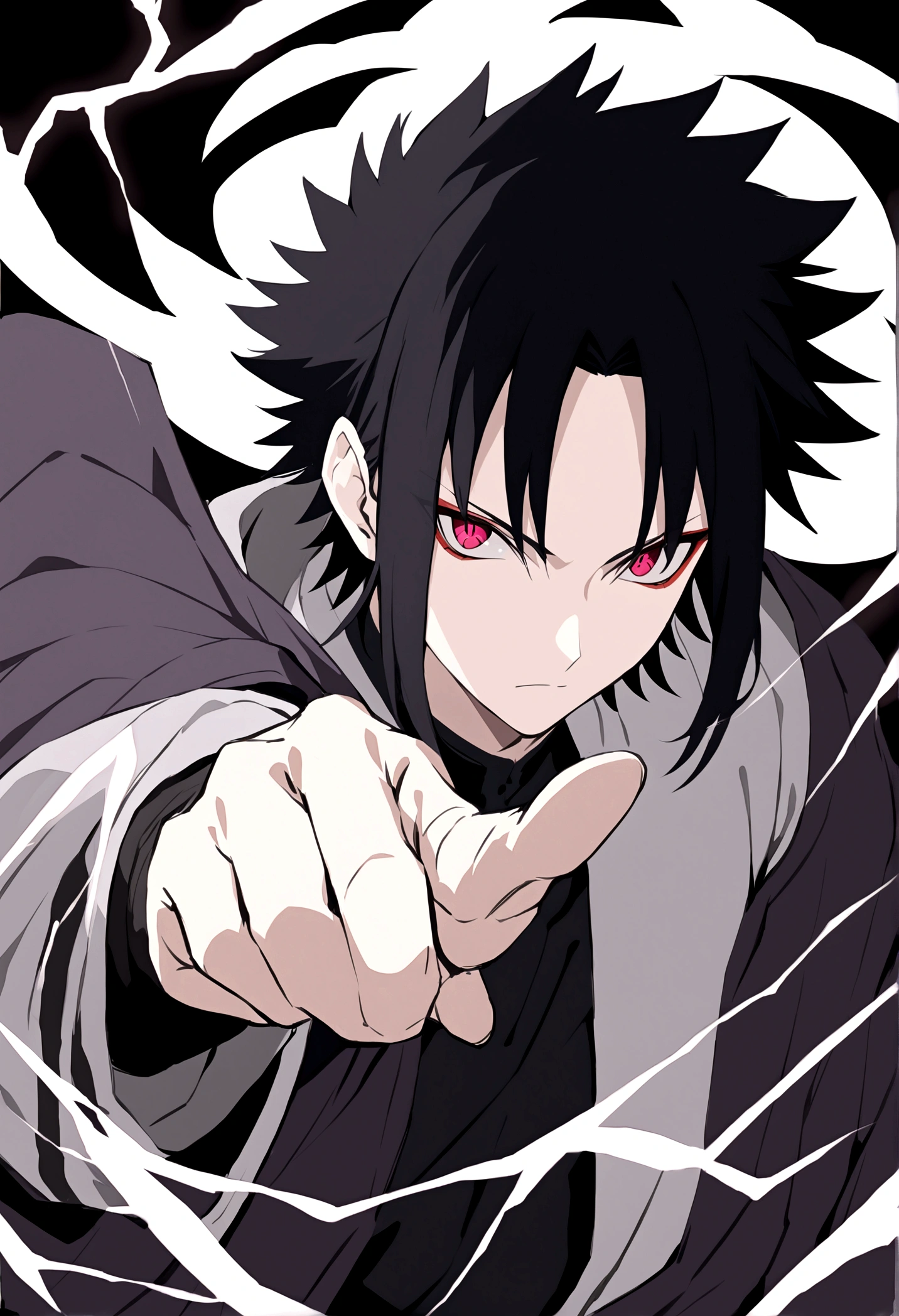 sasuke uchiha, lightning in hand, ready to fight, upper body, sharingan in eyes, uchiha clan, no background