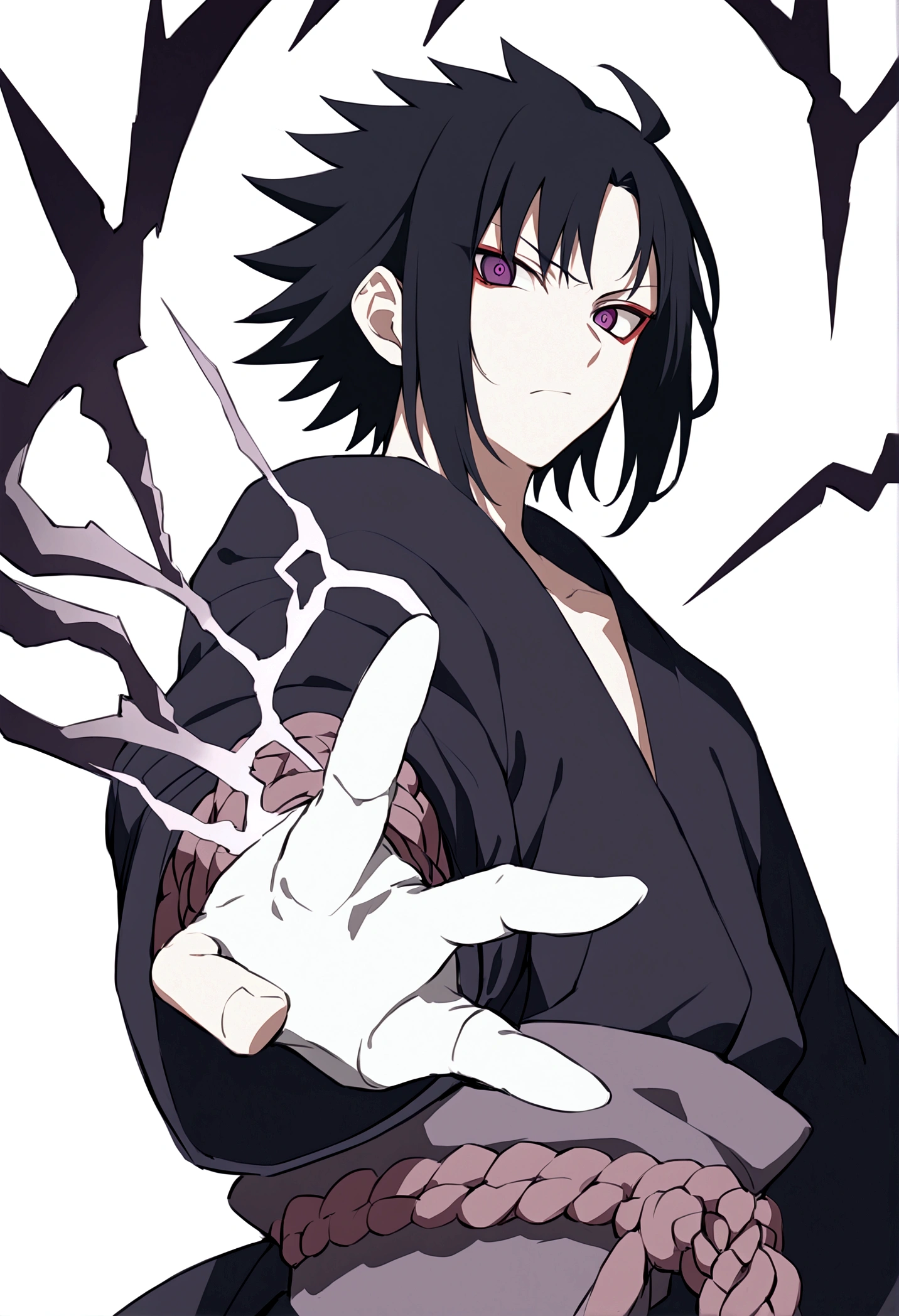 sasuke uchiha, lightning in hand, ready to fight, upper body, sharingan in eyes, uchiha clan, no background