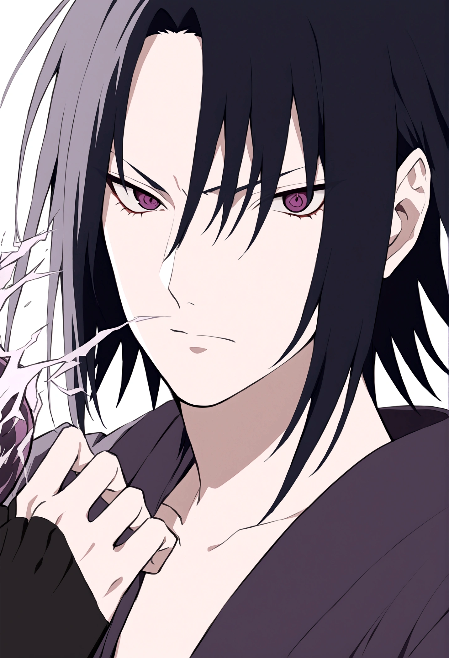 sasuke uchiha, lightning in hand, ready to fight, upper body, sharingan in eyes, uchiha clan, no background