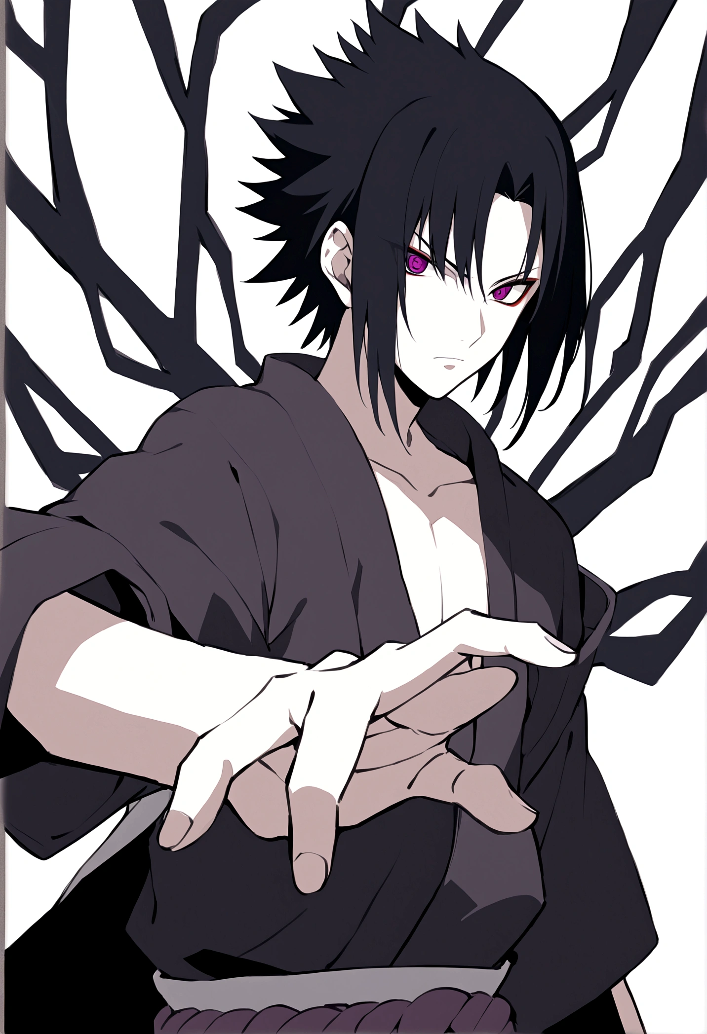 sasuke uchiha, lightning in hand, ready to fight, upper body, sharingan in eyes, uchiha clan, no background