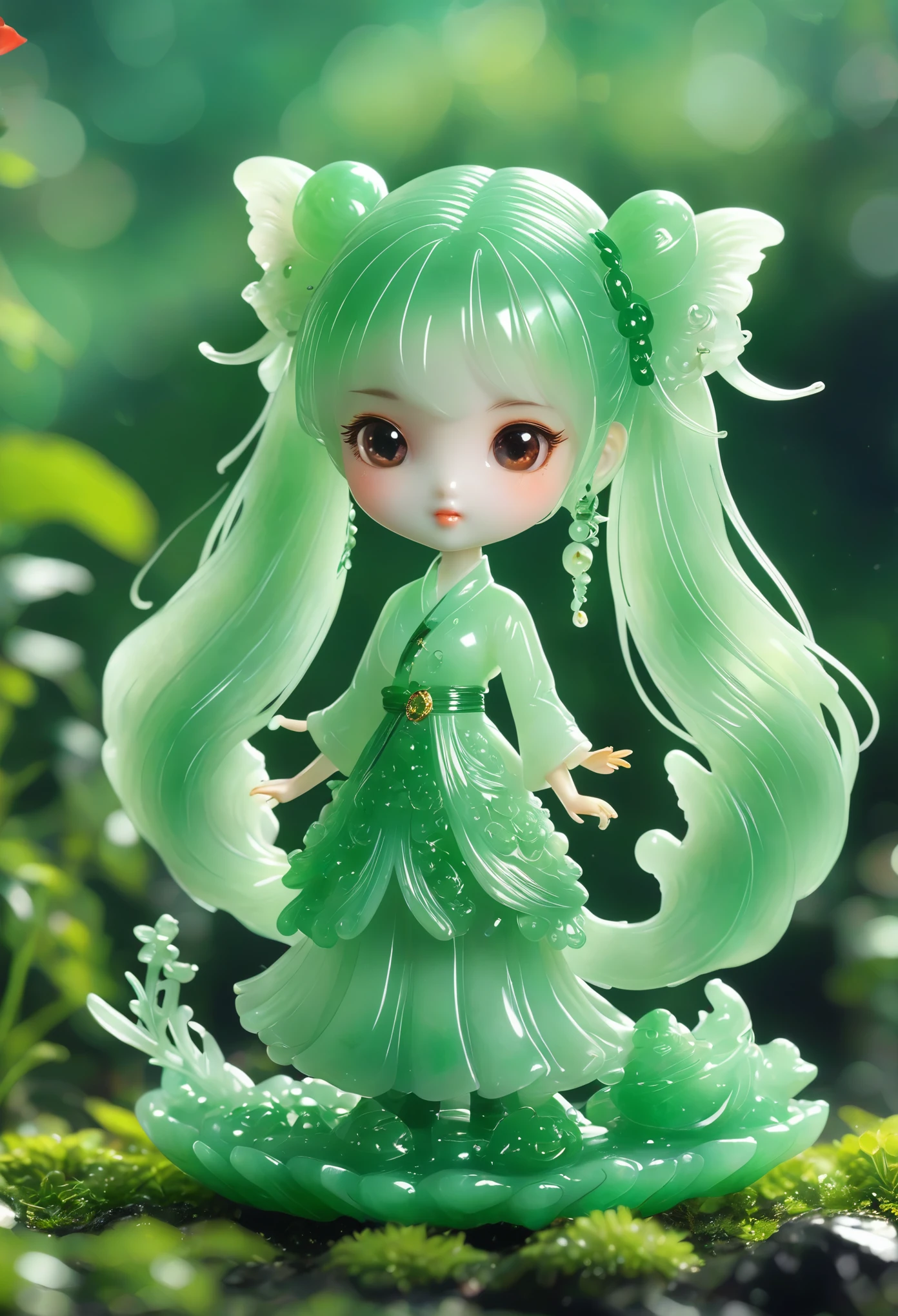 best quality, very good, 16K, ridiculous, Very detailed, Gorgeous(((Twin Tails 1 Girl 1.3))),Made of translucent jadeite, Background grassland((A masterpiece full of fantasy elements))), ((best quality)), ((Intricate details))(8K)