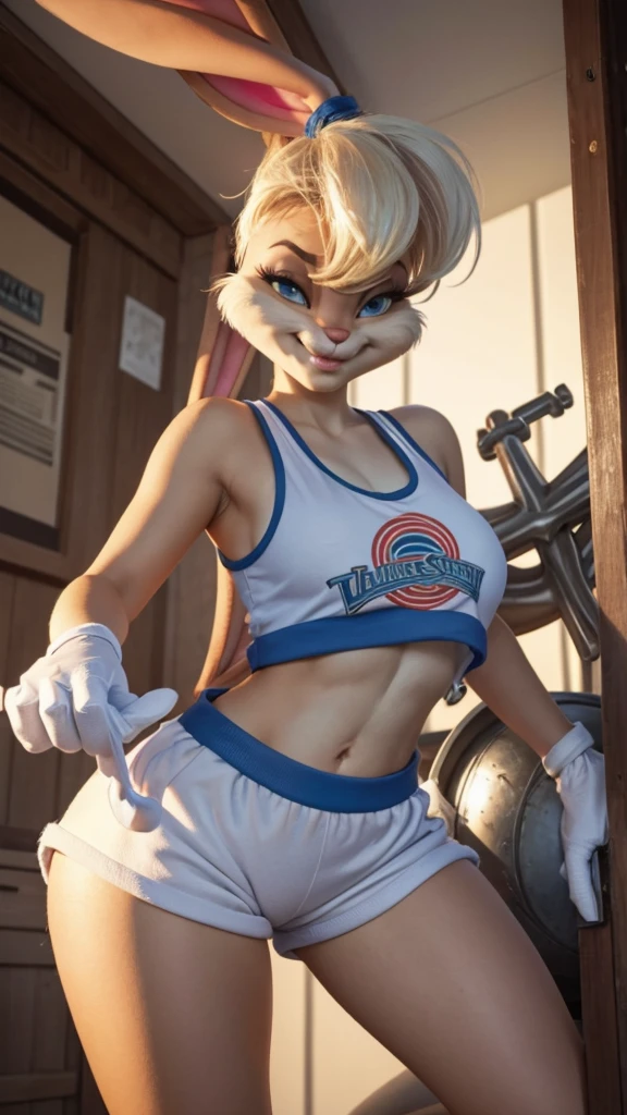 An anchor and next to it stands a girl who holds onto the anchor with her hands, lolabunny
furry, white shorts, white gloves, Tank top, sportswear
animal nose