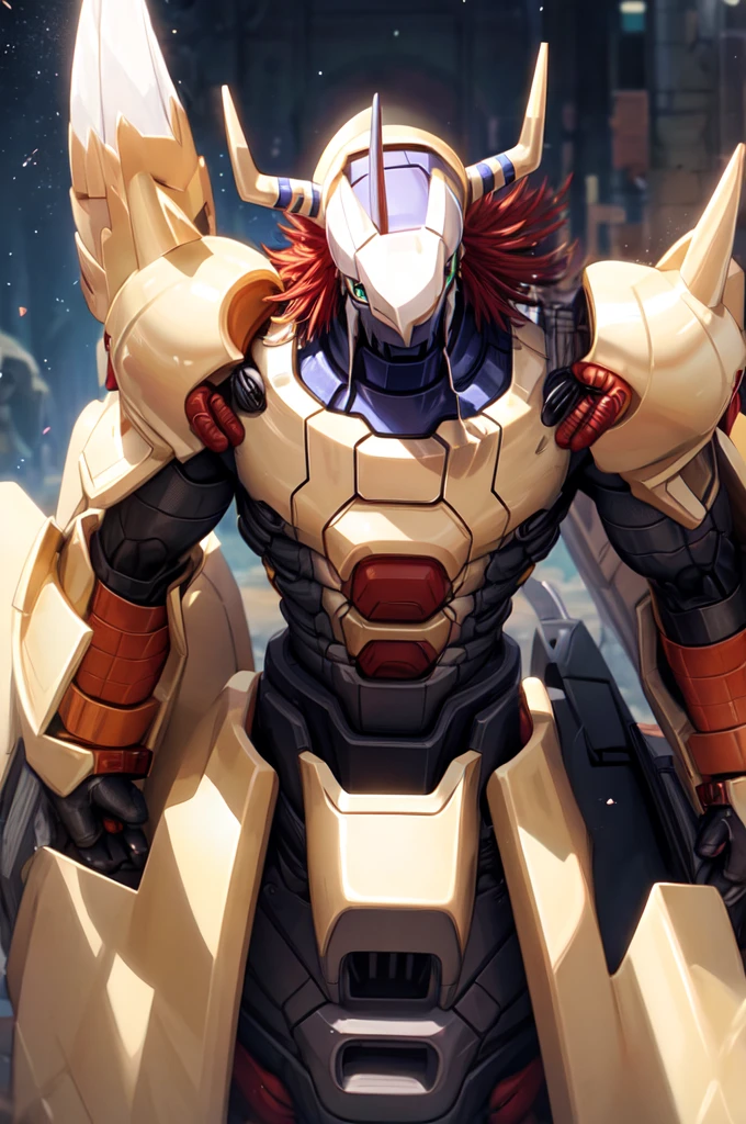 Masterpieces,official art,anthro,male,(wargreymon:1.2),Delicate face,Delicate eyes,helmet, armor, horn, digimon, upper body, depth of field, perfect lighting, light particles,(best quality),(masterpiece),(ultra detailed),sharp focus,light particles
