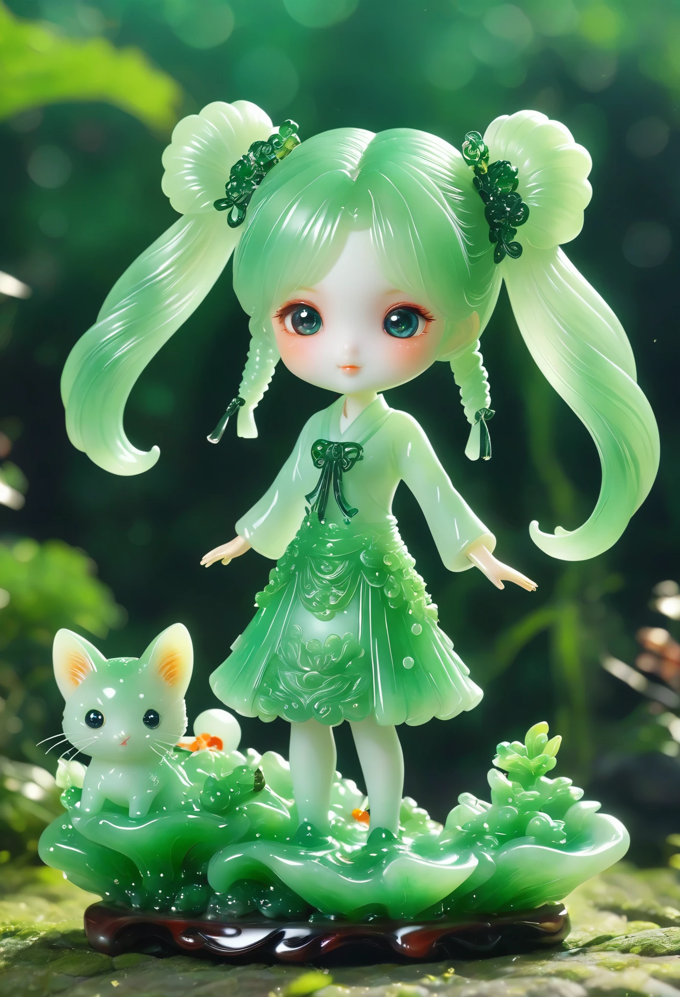 best quality, very good, 16K, ridiculous, Very detailed, Gorgeous(((Twin Tails 1 Girl 1.3))),Made of translucent jadeite, Background grassland((A masterpiece full of fantasy elements))), ((best quality)), ((Intricate details))(8K)