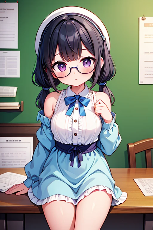 Cute naughty peasant girl, Pastel colors hair, medium breasts, Thighs, black hair, short hair, (low twintails), glasses, standard height, (anxious face:1,2、blush:1.2, quiet personality:1.2, shy), (naked), at the adventurer's guild, A bulletin board with posted paper