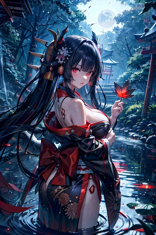 DOANyotengu,Female tengu,One girl,Long black hair,bangs,blunt bangs,Large Chest, hair ornaments, Red eyes,Hair Tube, Mole under the mouth,Hime cut,
On the back there are large black wings,Hair Tube, Cleavage, Bare shoulders,Removable sleeves,kimono,hair ornaments ワイドスリーブ,kimono,Hairpin,
bitch,　dynamic pose,　night,old,Shineオーラ,moon,star,Red shiny edges,water surface,autumn,in the forest,Emitting an aura,Shine,fine particles of light,water surfaceにmoonが写る,Japanese style,
