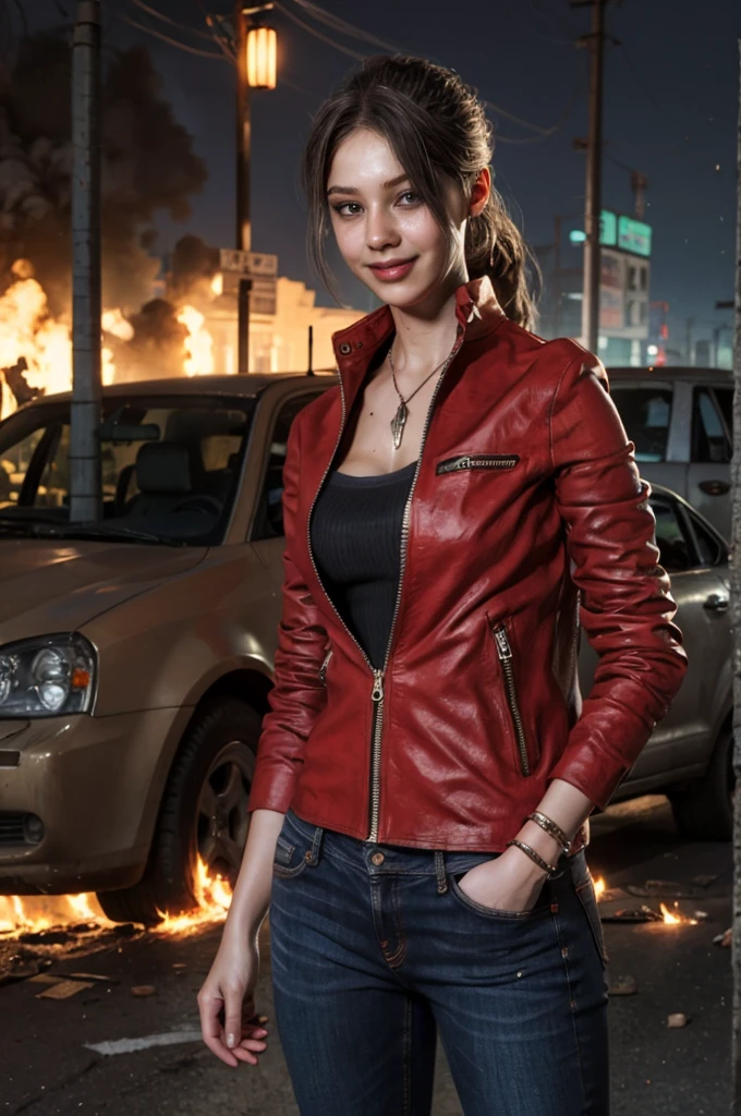 1girl, (realistic),(hyperrealism),(best quality),(masterpiece),(ultra high res),(photorealistic),idol,eye makeup,detailed eyes,detailed face,black dress, claireredfield2, brown hair, (red jacket:1.2), ponytail, (denim pants:1.3),,  red wristband,,  abandoned street, burning cars in background, littered street, smoke, chaos, zombie apocalypse, daytime, sunny,,  hands in pocket, looking at viewer, smiling, closeup shot