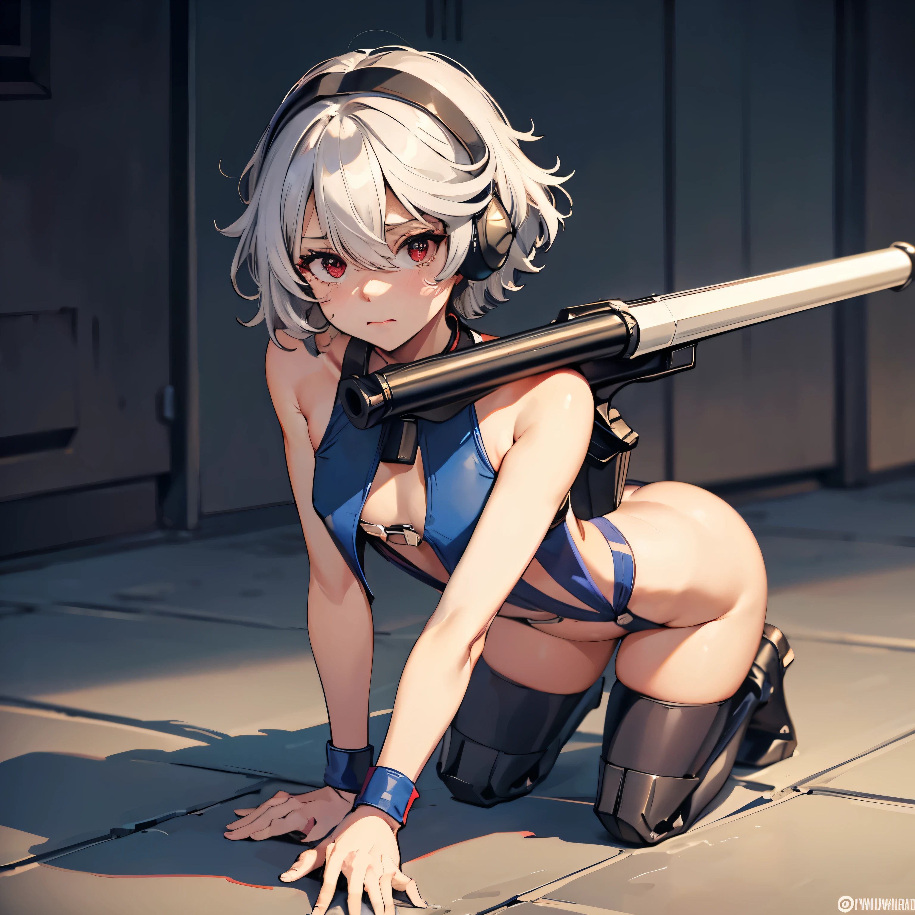 Imperial Guard Combat Uniform Swimsuit, o-ring bikini, v gundam, swimsuit, absurdres, highres, solo, cowboy shot, 1girl, neneka nibrou \(cosplay\), wristband, headphone, holster, backpack, holding gun, aiming, perfect hands, wind, (highres,best_quality,masterpiece), hair ornaments, small breast, Shy, SHORT HAIR, WHITE HAIR, RED EYES, HAIR BETWEEN EYES, (((all fours, crawling, crawl)))