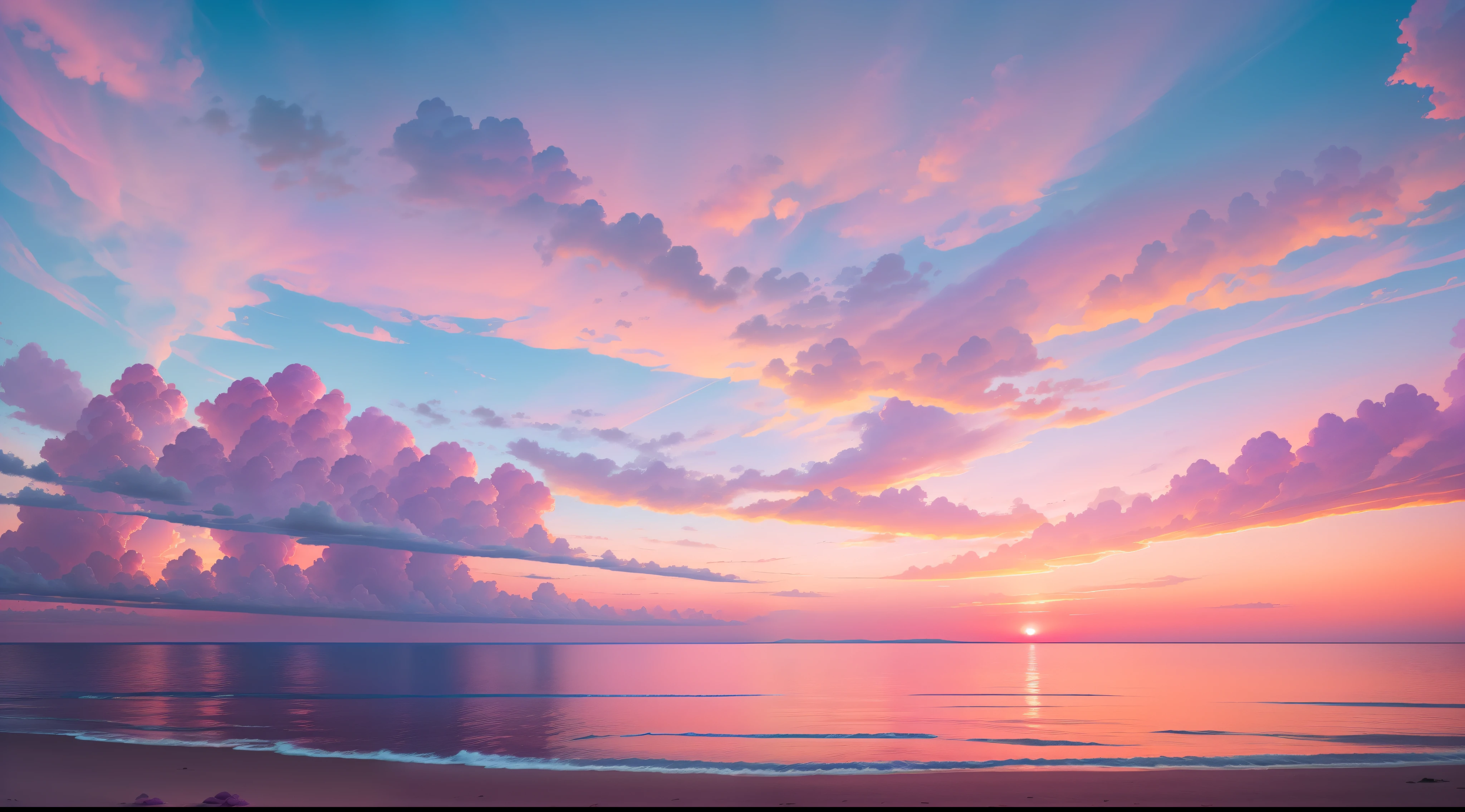 The sky of Arafed，Pink and purple on the ocean, pink sunset shade, dramatic pink clouds, red-pink sunset, Pink sunset, vibrant sunrise, colorful sunset, lively sky, Colorful sky, living sky, vibrant sunset, Colorful sky, Sunrise Colors, Purple beautiful sky, pink sky, breathtaking sky, vibrant sunset dramatic sky, Colorful sky, spectacular sunset，realistic style