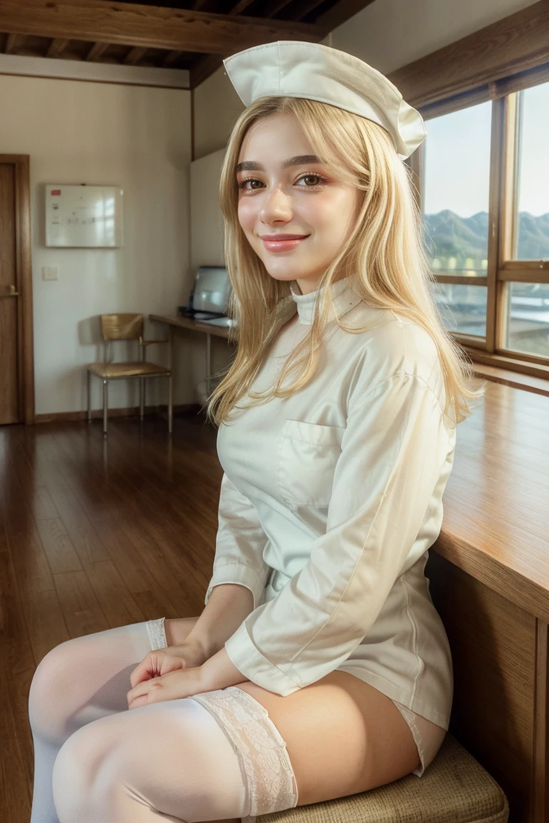 1 girl, best quality, ((Miyo)), tarankaaa, perfect face, beautiful smile, 30 years old, ((white nurse attire, white nurse cap, white thighhighs, gold blonde hair)), ((perfectly drawn hands)), perfect body, white room, hospital, scenery, solo, sitting behind desktop, 32k photograph, ((perfect eyes, detailed eyes, realistic eyes)), ((sharp face, detailed face, realistic face, natural skin, realistic skin, detailed skin, smiling, pores)), ((detailed body, perfect photography)), tone mapping, asian-european, ((masterpiece)), ((highres)), ((detailed background)), japanese village background through window, midday, big proportions,