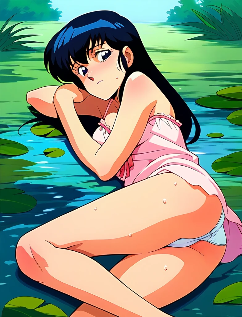 Kyoko,score_9,score_8_superior,score_7_superior,sauce_anime,One girl,alone,View your viewers,soaked,downpour,in the forest,chemise,Spread your legs,Dew panties,Lying down,Sad face,:d,arms_behind_return,
