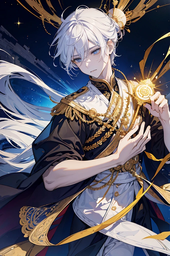 Man, Boy, Boy in late 20s, Man, BOY Create a highly detailed and majestic image of A Deity, God, White hair, White Eyes, White Pupil, the supreme ruler of the deities. He should be depicted as a powerful, radiant figure exuding an aura of divine authority. Indra has a tall, imposing stature with a commanding presence. His skin glows with an ethereal light, and his eyes are luminous, reflecting ancient wisdom and immense power. He wears a magnificent, golden crown adorned with intricate celestial patterns and glowing jewels. His long, flowing hair is dark and seems to shimmer with light. Indra's attire is elaborate, consisting of flowing robes made of shimmering, otherworldly fabric that looks like it's woven from pure light. The robes are decorated with celestial symbols and intricate designs that signify his supreme status. In his hand, Indra holds a glowing staff or scepter that radiates a brilliant light, symbolizing his control over cosmic forces. Surrounding him is a celestial backdrop featuring swirling galaxies, twinkling, 8K high quality, ultra defined, masterpiece, Golden Armor, Man, Strong, Celestial being, ultra high quality, masterpiece