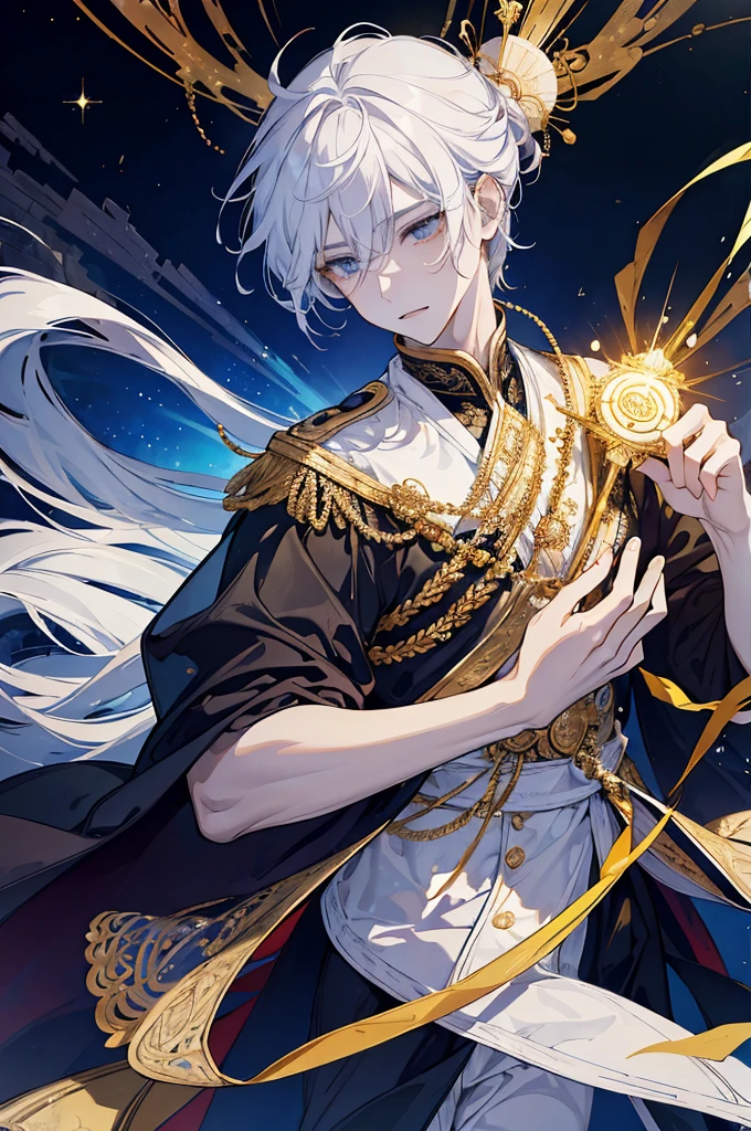 Man, Boy, Boy in late 20s, Man, BOY Create a highly detailed and majestic image of A Deity, God, White hair, White Eyes, White Pupil, the supreme ruler of the deities. He should be depicted as a powerful, radiant figure exuding an aura of divine authority. Indra has a tall, imposing stature with a commanding presence. His skin glows with an ethereal light, and his eyes are luminous, reflecting ancient wisdom and immense power. He wears a magnificent, golden crown adorned with intricate celestial patterns and glowing jewels. His long, flowing hair is dark and seems to shimmer with light. Indra's attire is elaborate, consisting of flowing robes made of shimmering, otherworldly fabric that looks like it's woven from pure light. The robes are decorated with celestial symbols and intricate designs that signify his supreme status. In his hand, Indra holds a glowing staff or scepter that radiates a brilliant light, symbolizing his control over cosmic forces. Surrounding him is a celestial backdrop featuring swirling galaxies, twinkling, 8K high quality, ultra defined, masterpiece, Golden Armor, Man, Strong, Celestial being, ultra high quality, masterpiece
