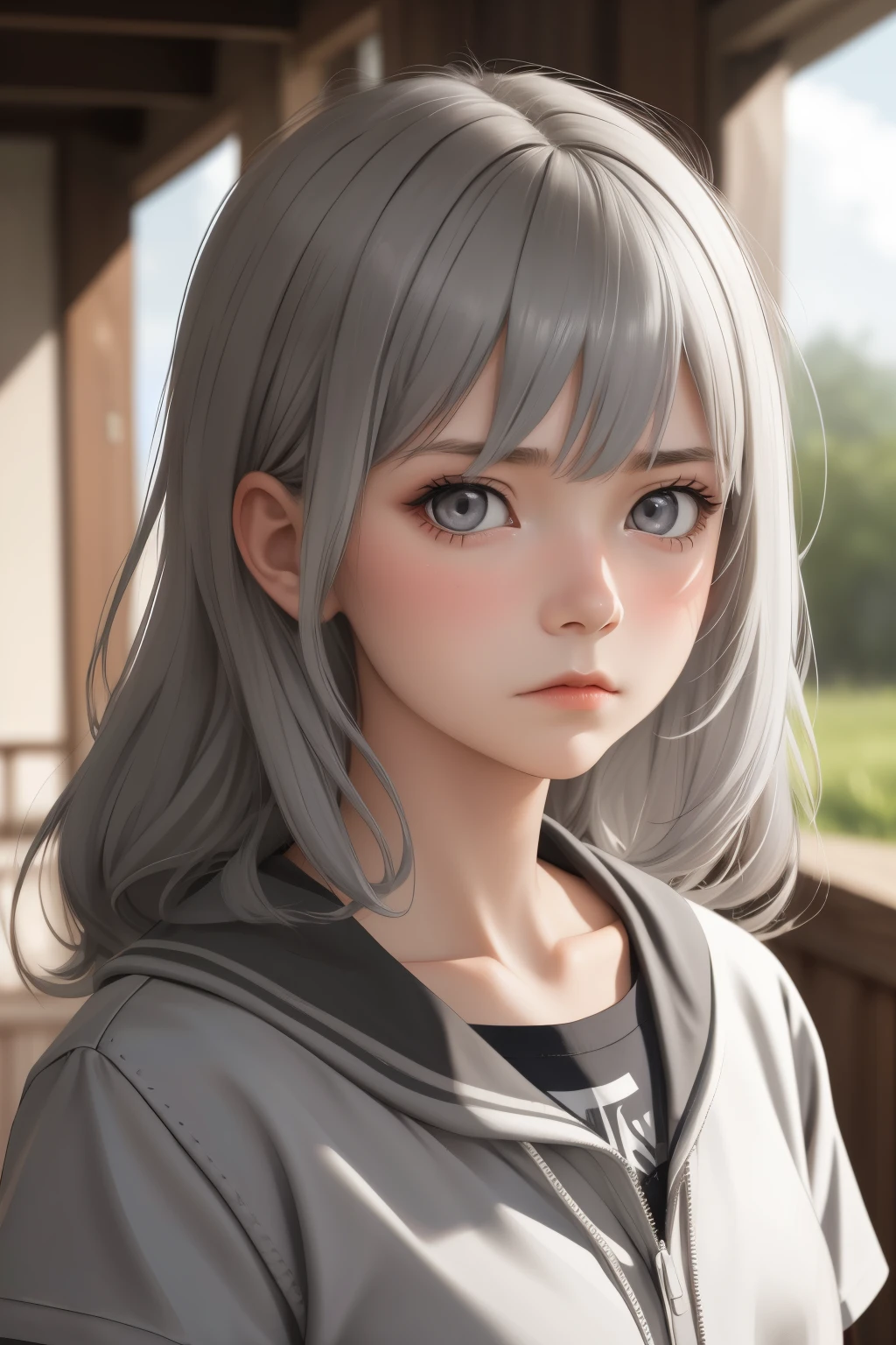  girl, long light grey hair, detailed grey eyes, apathetic expression