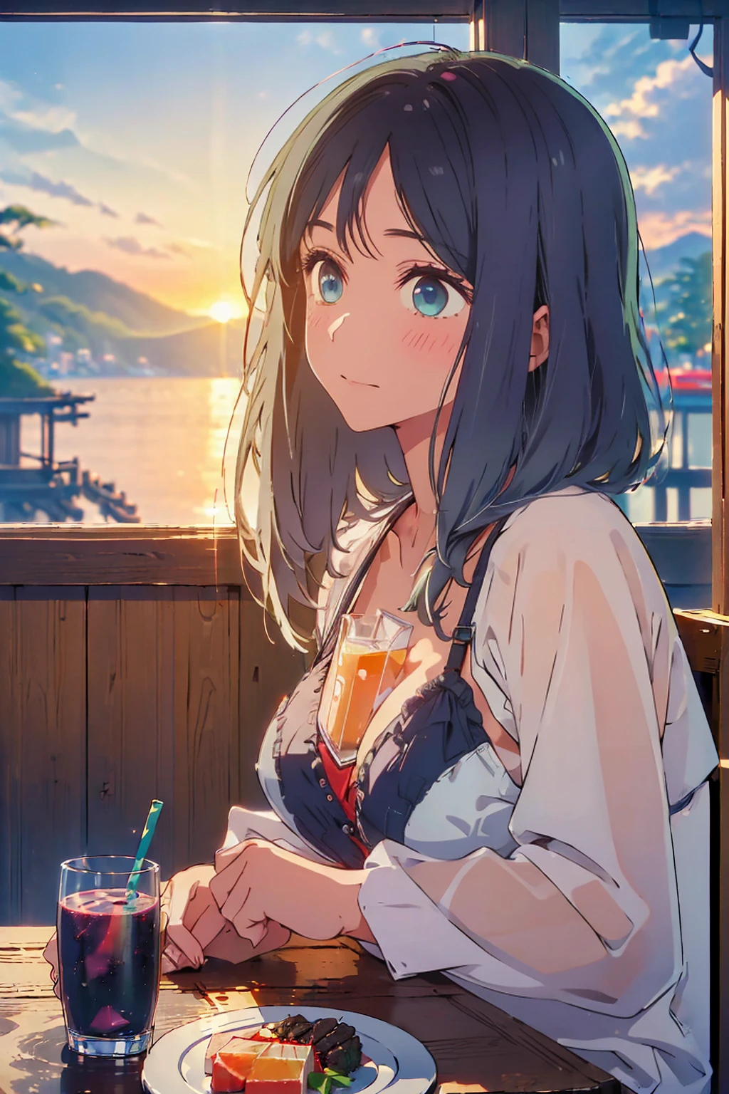 (Highest quality:1.4、8K:1.4、detailed)、F cup bust、Big Breasts、Slim body、Very white beautiful skin、((((1 person、smile、Surprised expression、sit、Chair、 the background are the urban buildings of Tokyo、looking at the camera、Indoor cafe terrace、Navy hair color、Straight Long Hair、juice、table、Shooting up close、Shooting from an angle、Very cute face))))、(((nude、Areola)))、(Touching cheeks with both hands pose:1.4)、Off-the-shoulder zip-up jacket、Nipples、Very blue sky、A completely cloudless sky