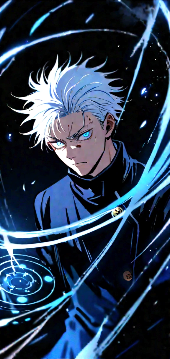 ((Masterpiece)), ((magig)),((ultra detail)), 1boy, gojo satoru, white hair, Jujutsu kaisen, magic blue circle, blue lighting, handsone, blood splatter, messy hair, blue eyes, serious face, looking at viwers, dark background, powerfull, magical view