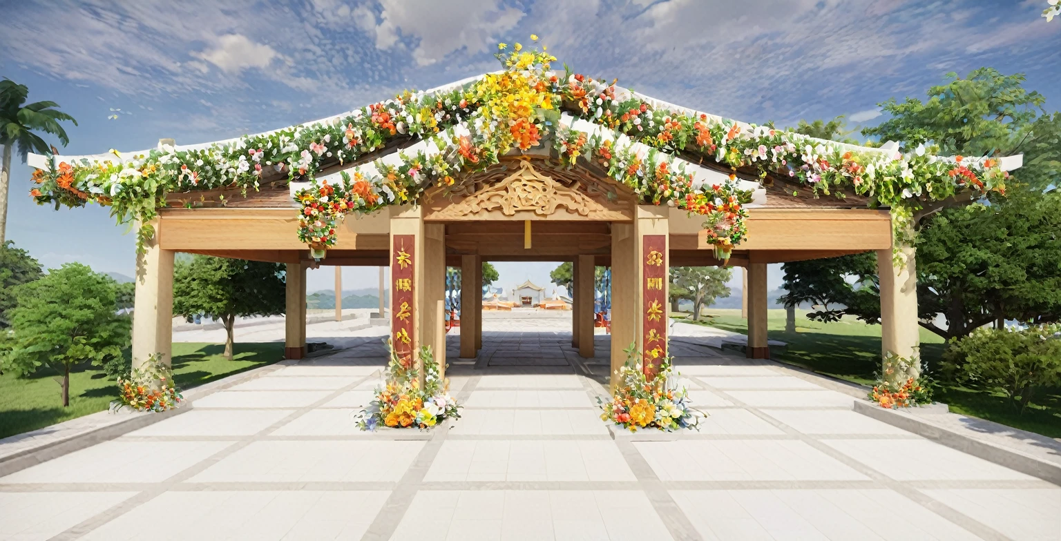 屋顶上有一个凉pavilion，Flowers and green plants are planted on it, Covered outdoor stage, 唐朝的美丽Rendering, detailed Rendering, 完全详细Rendering, wedding, Front perspective, Rendering, 3d Rendering, 3 d Rendering, 非常详细的Rendering, pavilion, 预Rendering, Dahua Temple, shrine, 在 lumion pro 中Rendering, a digital Rendering