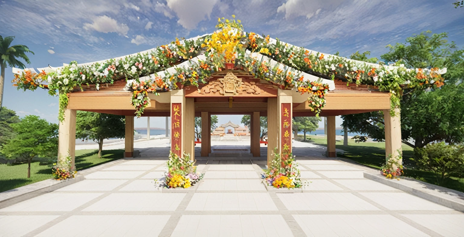 屋顶上有一个凉pavilion,Flowers and green plants are planted on it, Covered outdoor stage, 唐朝的美丽Rendering, detailed Rendering, 完全详细Rendering, wedding, Front perspective, Rendering, 3d Rendering, 3 d Rendering, 非常详细的Rendering, pavilion, 预Rendering, Dahua Temple, shrine, 在 lumion pro 中Rendering, a digital Rendering