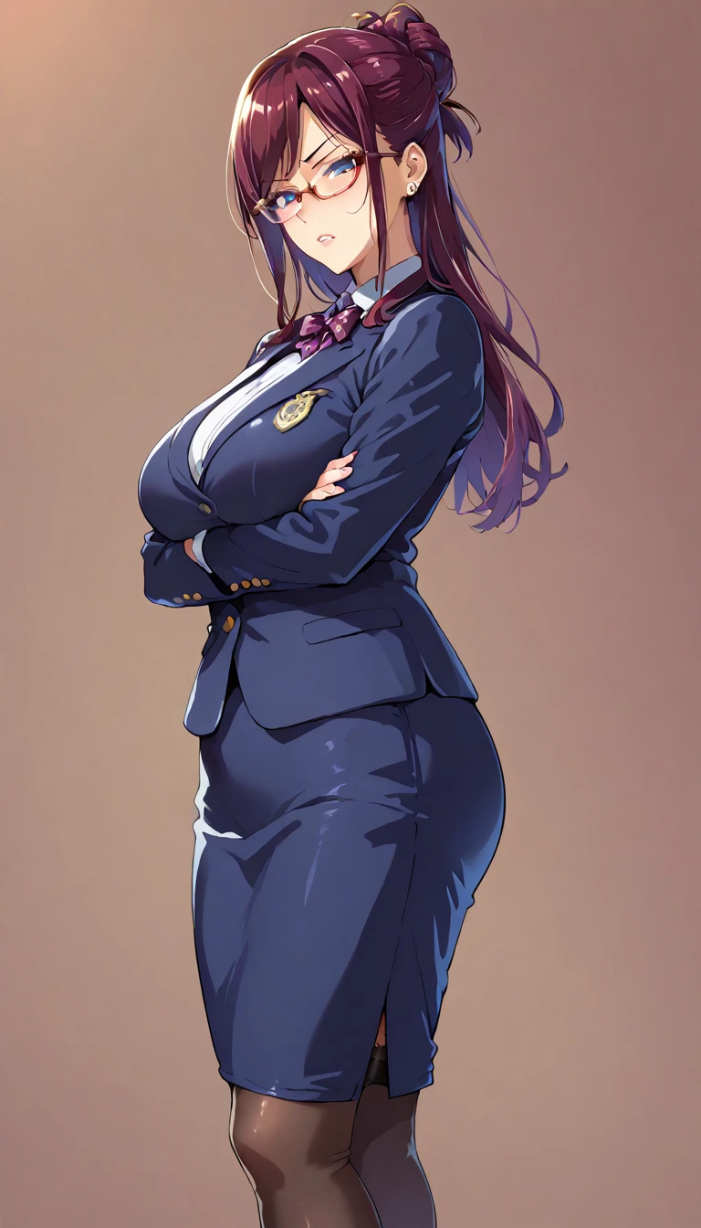 (masterpiece, best quality, ultra-detailed, high resolution, detailed eyes),  takeda hiromitsu style, (1mature female), voluptuous body, teacher, slant eyes, annoyed, black long hair up, glasses, navy business suit, pensil skirt, arms crossed, looking at viewer