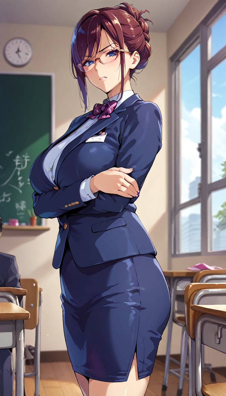 (masterpiece, best quality, ultra-detailed, high resolution, detailed eyes),  takeda hiromitsu style, (1mature female), voluptuous body, teacher, slant eyes, annoyed, black long hair up, glasses, navy business suit, pensil skirt, arms crossed, looking at viewer