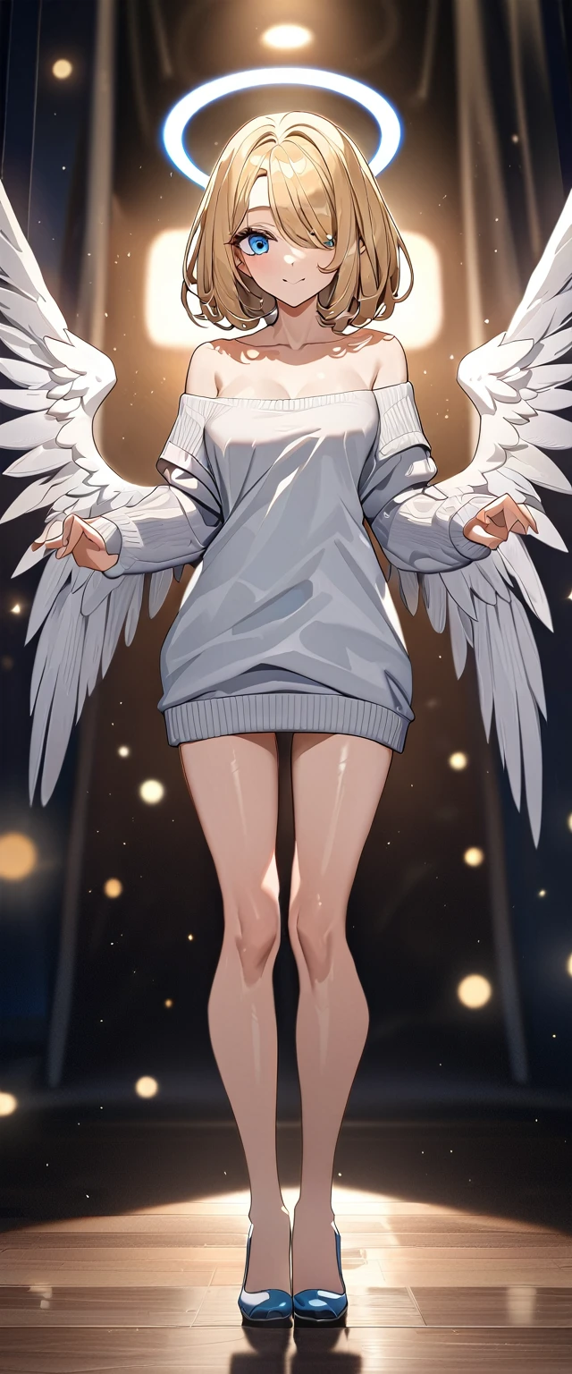 ((angel, big big white wings:1.3, halo:1.3)), (((full body))), ((flying)), Uriel, ((wavy hair, outward curled hair)), evening, Sunset, ((blond hair, bob cut:1.3)), breasts, teenager, (looking at viewer), oversized clothes, puffy long sleeves, collarbone, ((off-shoulder sweater dress:1.3, Quite thick shoulder straps)), (((sleeves past wrists:1.3))), ((white sweater)), collarbone, head tilt:1.3, (((blue eyes))), ((happy smile)), (((anime style))), (best quality, 4K, 8K, highres, masterpiece:1.2, ultra-detailed, ultra-detailed eyes, HDR, uhd, studio lighting, ultra-fine painting, sharp focus, physically-based rendering, extreme detail description, professional, vivid colors, bokeh), ((Highest quality, Best image quality, Ultra-high resolution, Ultra-high resolution, solo, Strong eye highlights)), Depth of written boundary, Natural soft light, attractive, Beautiful Face, Cleanliness, Pure Face, medium chest, Beautiful Face, Perfect Fingers, Perfect hands, Perfect body, Perfect Face, Shine a light into your eyes, Perfect Anatomy