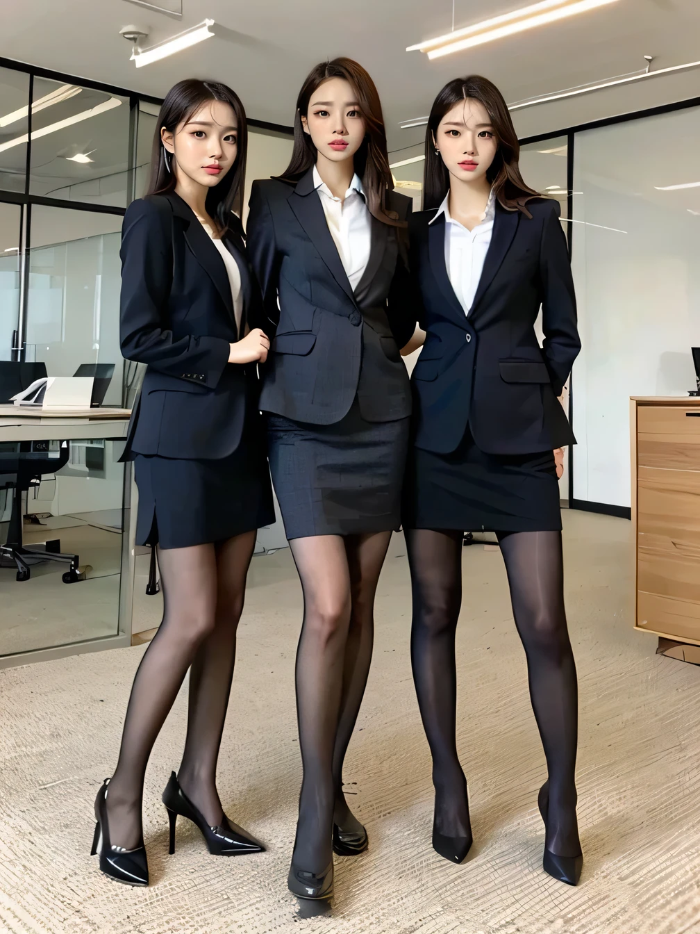 Group photo,Standing woman,Within sight,Turn around,Two Women、business suit、tights、pumps、Full body photo、The background is the office