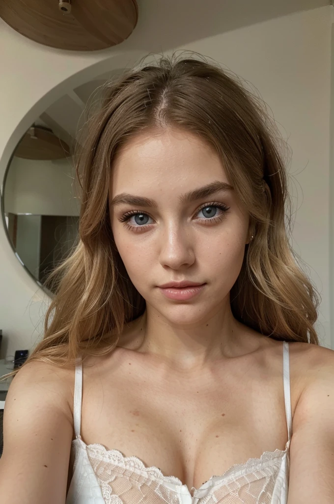 upper body view, 1girl, selfie of a gorgeous young lady with light skin and loose, wavy blonde hair with brown roots, bright blue eyes, wearing a white lace camisole, emphasized by delicate eye makeup, and natural, arched eyebrows, her makeup is understated, featuring a touch of blush and neutral pink lips, and a few beauty marks adorn her neck, slightly unbuttoned, the focus and lighting on her face bring out the depth of her eyes and the soft texture of her skin, sexy, beautiful selfie