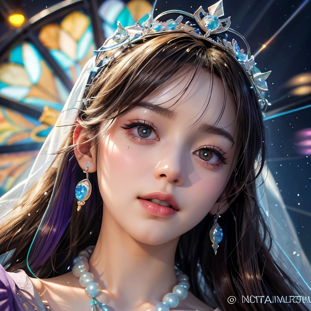 (Masterpiece TopQuality aesthetic Mystic:1.2), ExtremelyDetailed a KAWAII Bride (CloseUp from below:1.4) Radiant PearlSkin with Transparency (Acutance:0.8), (((Detailed NOGIZAKA FaceVariations))), Childish CaptivatingGaze ElaboratePupils with (SparklingHighlights:1.28), DoubleEyelids with (Voluminous LongEyelashes:0.88), Small GlossyRedLips with BeautifulDetails, PUNIPUNI RosyCheeks, Glowing DowneyHair . { (Dynamic Joyful expressions LifeLike Rendering:1.4) | (:d) } BREAK Background is Filled with Dazzling Blurred StainedGlass (BokeH:1.4) ExtremelyDetailed Elaborate Stained Glass Art, Colored Glass, Lead Line, Light transmission Bright colors, intricate designs, luminous effect, Spiritual atmosphere