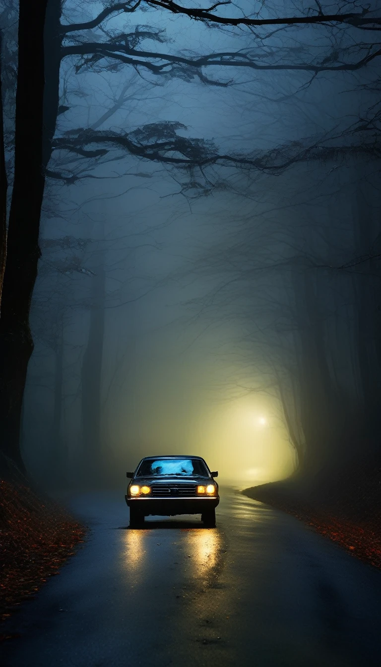 A car driving slowly on a narrow, winding forest road at night. The surroundings are dark and shadowy, with dense fog enveloping the area. Tall, twisted trees line the road, their branches forming eerie shapes. The car's headlights barely penetrate the thick mist, creating an unsettling glow. Cinematic lighting, high contrast, spooky.