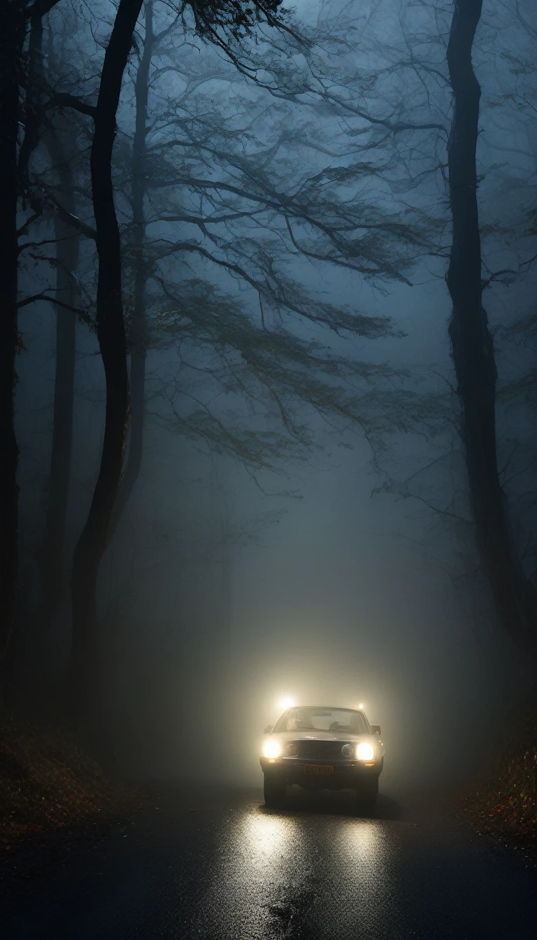 A car driving slowly on a narrow, winding forest road at night. The surroundings are dark and shadowy, with dense fog enveloping the area. Tall, twisted trees line the road, their branches forming eerie shapes. The car's headlights barely penetrate the thick mist, creating an unsettling glow. Cinematic lighting, high contrast, spooky.