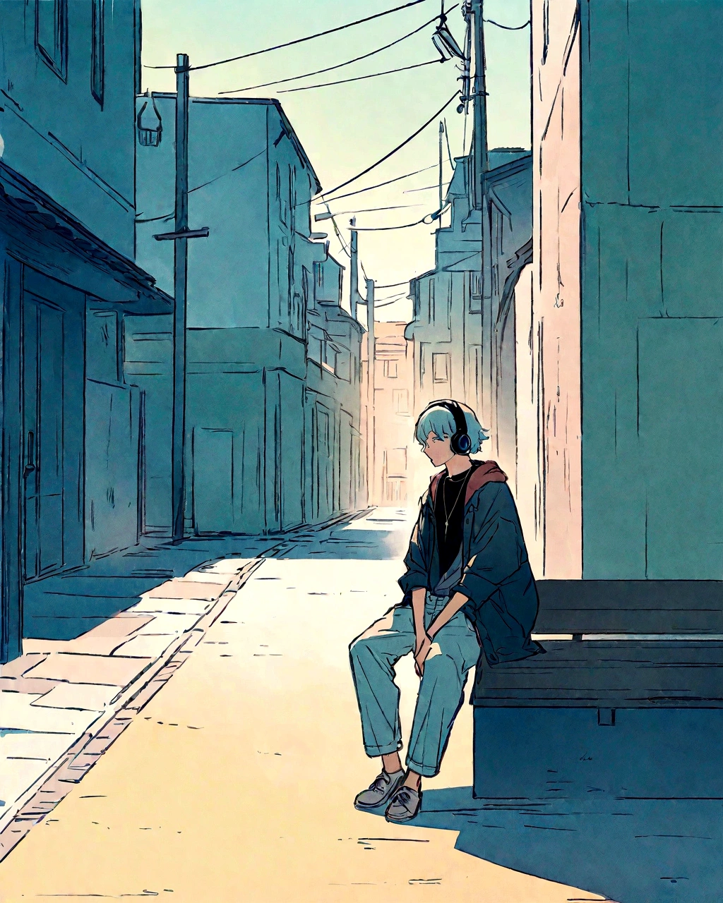 An anime-style illustration of a boy sitting on a bench in an urban setting. He has long, wavy light short hair and wears headphones. He is dressed in a casual outfit with a loose-fitting coat over a dark shirt or outfit. The background features a street with buildings and utility poles, drawn with clean, minimalistic lines and pastel colors. The overall color scheme is soft and light, giving the image a serene and relaxed atmosphere."