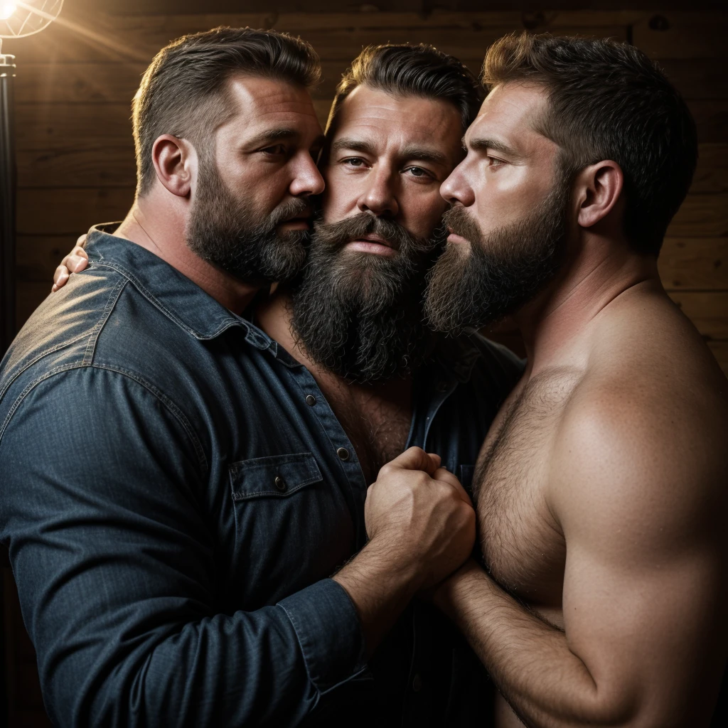 "8KUHD Create a professional studio-style photograph featuring two middle-aged, burly, hairy, beared big daddy bear, and rugged man and his husband in lumberjack outfit. beards, very realistic hair, very realistic beards, very realistic mens clothing, very realistic detailed mens clothing. A man and his husband are kissing each other, their real faces almost close, realistically kissing each other, in a romantic and virile scene. Utilize all appropriate lighting techniques for studio photography. The background should be black." HDR