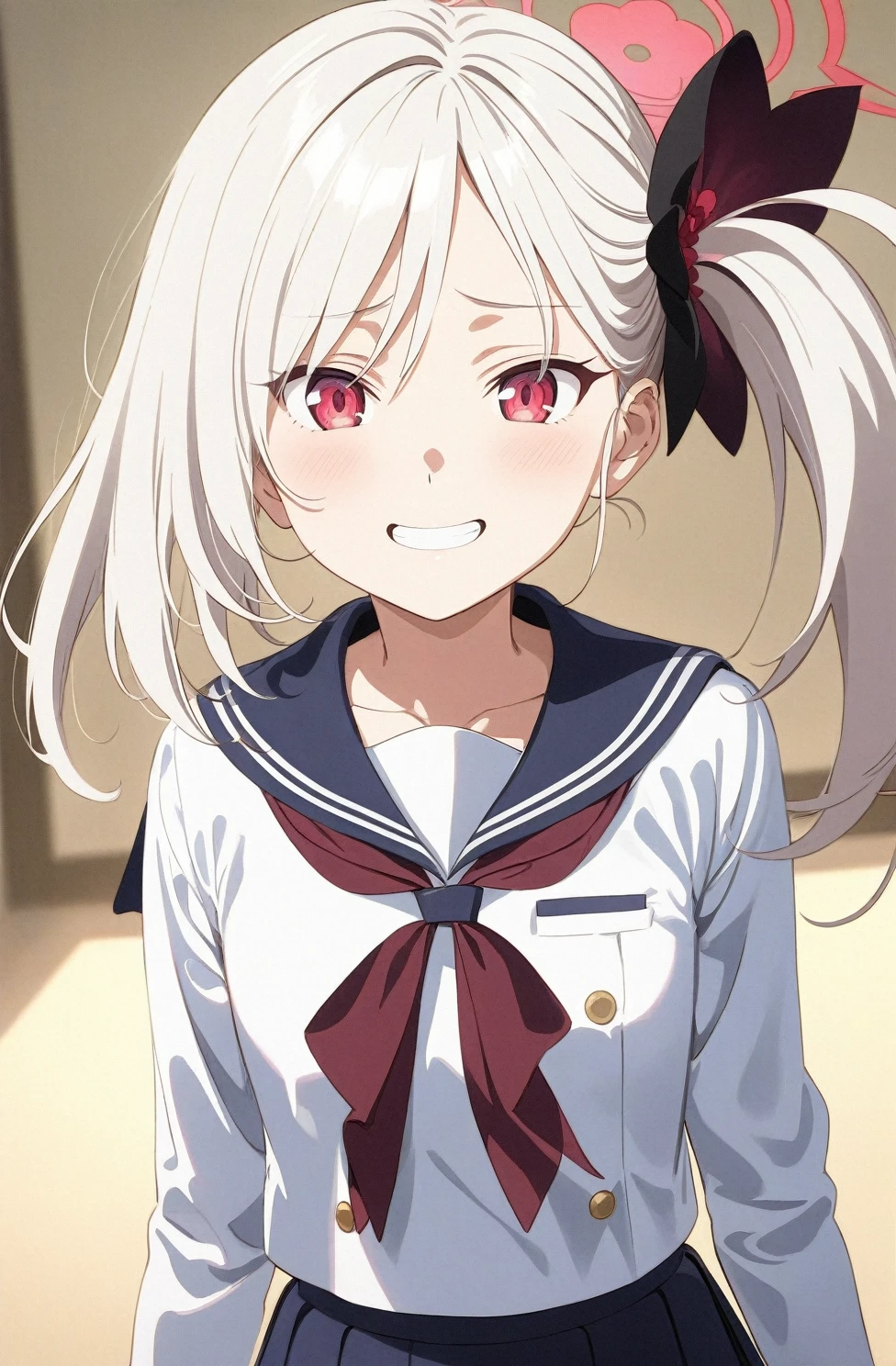 best quality, amazing quality, very aesthetic, absurdres, (1girl, mutsuki, blue archive, solo, red eyes, white hair, side ponytail), (realistic face:0.7),(sailor dress:2), (grin, shy), (cowboy shot), (glowing eyes:1.1), (half closed eyes:0.9), expressive eyes, perfect face, 4k, extremely detailed anime illustration, extremely detailed eyes, perfect anatomy, light rays, extremely delicate body, smooth skin, (school background:1.5), clear eyes, beautiful face, small breasts,(anime style:1.5), (Chiaroscuro:1.5),  (highres:2), thigh