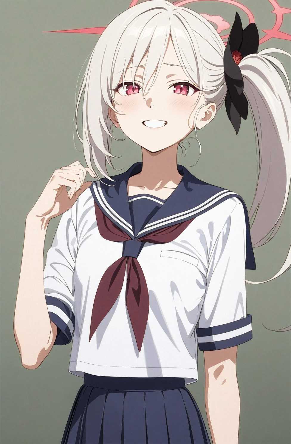 best quality, amazing quality, very aesthetic, absurdres, (1girl, mutsuki, blue archive, solo, red eyes, white hair, side ponytail), (realistic face:0.7),(sailor dress:2), (grin, shy), (cowboy shot), (glowing eyes:1.1), (half closed eyes:0.9), expressive eyes, perfect face, 4k, extremely detailed anime illustration, extremely detailed eyes, perfect anatomy, light rays, extremely delicate body, smooth skin, (school background:1.5), clear eyes, beautiful face, small breasts,(anime style:1.5), (Chiaroscuro:1.5),  (highres:2), thigh