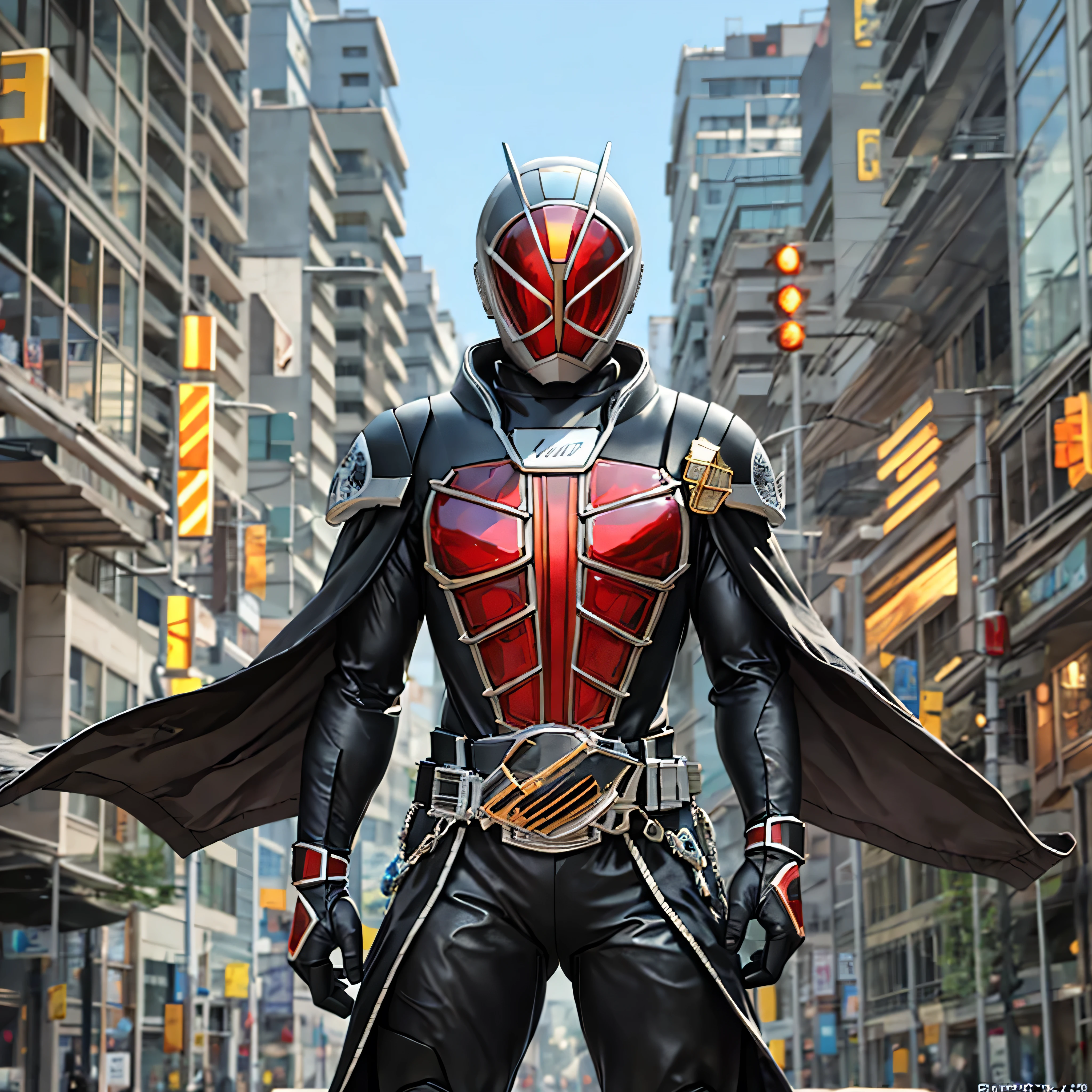 kamen rider wizard。（1 character:2.0), Fully sealed helmet, Composite Layered Chest Plate, Fully covered shoulder and hand guards, The overall design is sturdy yet flexible, ((The armor emits a red light, Accented with black and green accents)), Gives off a noble aura, He is in the city of the future., This character embodies a hero dressed in fantasy-style armor crafted in an anime style.、 ( Realistic:1.4, Realistic textured materials:1.2, Professional photos, cinematic), ((City night view, element, energy,)), metallic, High resolution, Highest quality, High resolution, Super detailed, Ultra-fine painting, Very delicate, Anatomically correct, Symmetrical face, Highly detailed eyes and face, High quality eyes, creativity, RAW Photos, 超High resolution, 32k, Natural light, cinematic lighting, masterpiece-anatomy-perfect, masterpiece:1.5、Realistic, Highest quality, masterpiece, difficult_suit, A street with towering skyscrapers,Neon Light, Holographic Projection, Steampunk element, Concept art by Syd Mead, cyber punk, Digital Painting, Futuristic cityscape, Vibrant, Neon color, Holographic Projection, Intricate details, High resolution, detailed、Cloak-style waist wrap、Fluttering in the wind、magic circle、Fire Magic、Extend your arms to the sides、Red Ring、The crystal on his forehead is yellow.、Palm design belt buckle