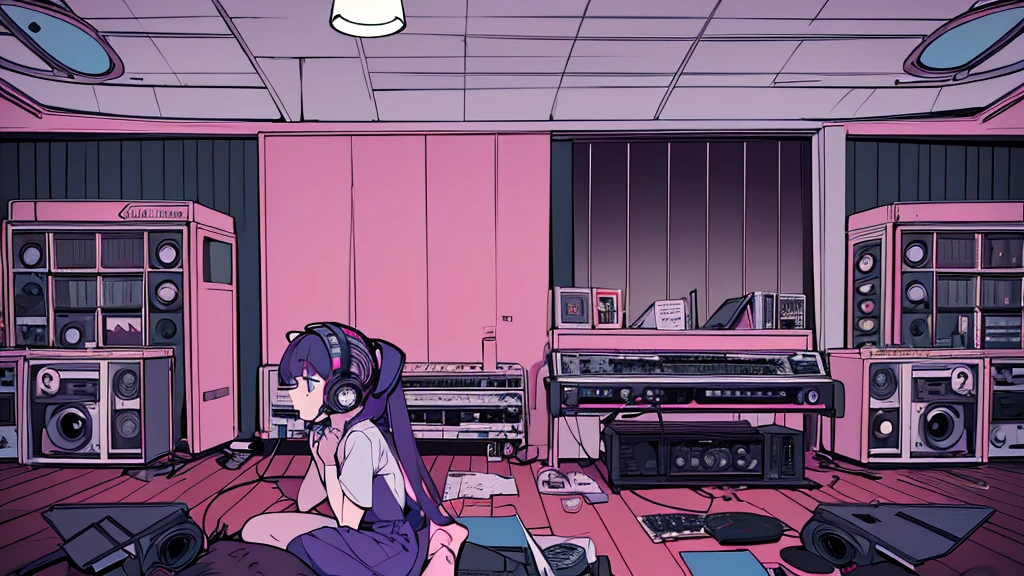 Best quality, (masterpiece), best detail face,1 girl, 18 yo, 8k,absurdres,unity 8k wall paper,(extremely detailed:1.3), highest realistic, (retro headphones:), Her room full of music equipment and records, Light clothing, she is playing synth, See the whole room, She is leaving the room, dark purple color palette