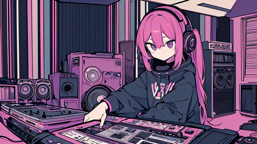 Best quality, (masterpiece), best detail face,1 girl, 18 yo, 8k,absurdres,unity 8k wall paper,(extremely detailed:1.3), highest realistic, (retro headphones:), Her room full of music equipment and records, Light clothing, she is playing synth, See the whole room, She is leaving the room, dark purple color palette
