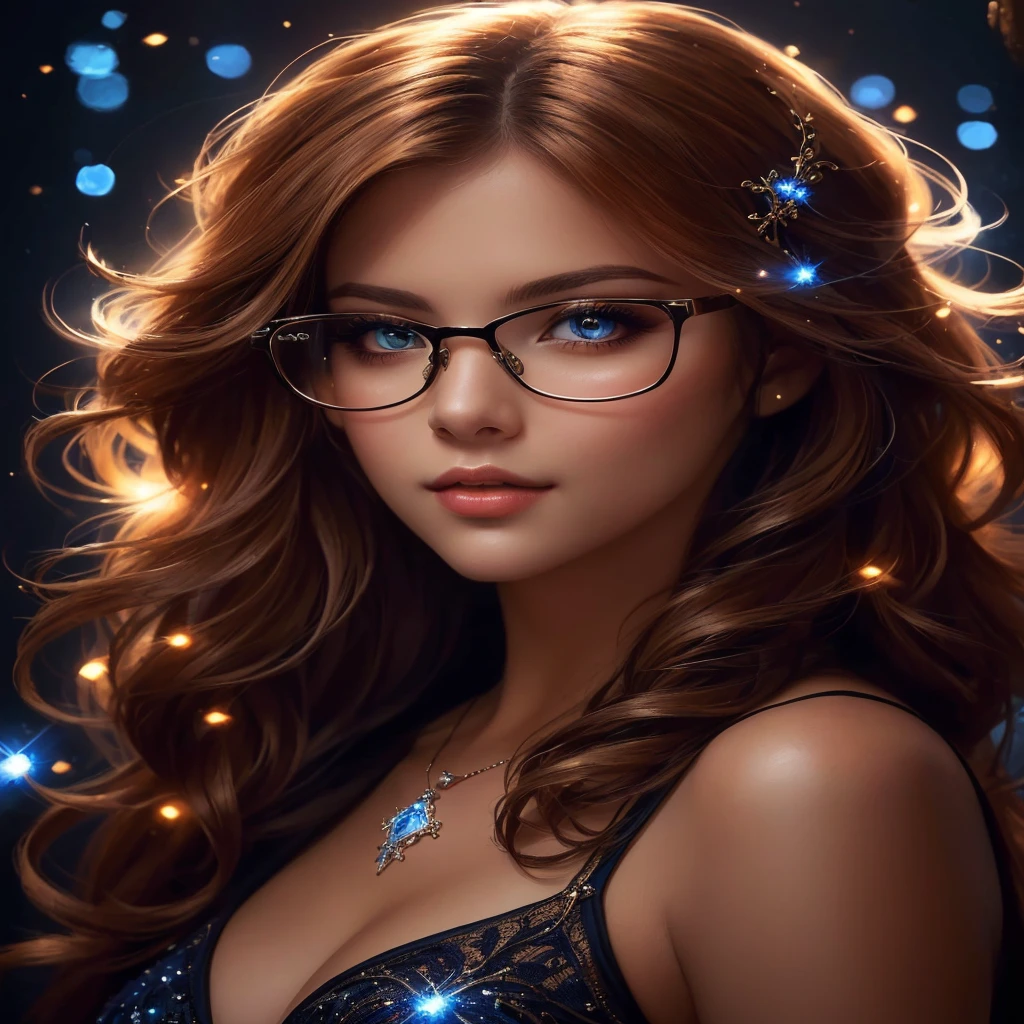 a woman with glasses and a necklace is posing for a picture, girl with glasses, karol bak uhd, beautiful fantasy portrait, beautiful fantasy art portrait, beautiful model girl, portrait of magical young girl, beautiful girl portrait, portrait of very beautiful elf, beautiful digital artwork, beautiful portrait photo, beautiful girl model, beautiful portrait image, beautiful gorgeous digital art, with glasses