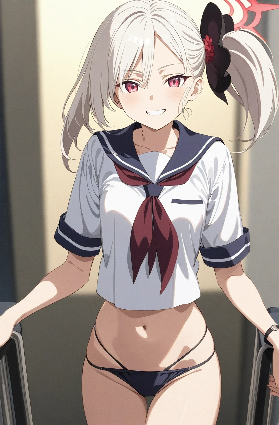 best quality, amazing quality, very aesthetic, absurdres, (1girl, mutsuki, blue archive, solo, red eyes, white hair, side ponytail), (realistic face:0.7),(sailor dress:2), (grin, lowleg bikini), (cowboy shot), (glowing eyes:1.1), (half closed eyes:0.9), expressive eyes, perfect face, 4k, extremely detailed anime illustration, extremely detailed eyes, perfect anatomy, light rays, extremely delicate body, smooth skin, (school background:1.5), clear eyes, beautiful face, small breasts,(anime style:1.5), (Chiaroscuro:1.5), (highres:2), thigh