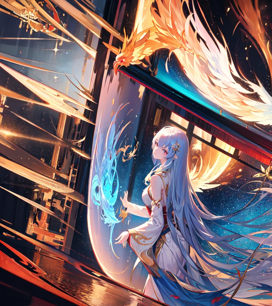 A beautiful Chinese girl standing on the water, misty reflection, a huge phoenix divine bird in the sky, magic, fantasy, dynamic posture, composed of colorful glowing flames, delicate face, delicate eyes, long black and golden hair, wearing amber and sky blue Hanfu, delicate and intricate patterns, ink painting, golden bronzing, epic composition, soft shadows, Clean sharp focus, cinematography, center composition, poster design, masterpiece, exthera aura, film photography, Panorama, 32K --v 6