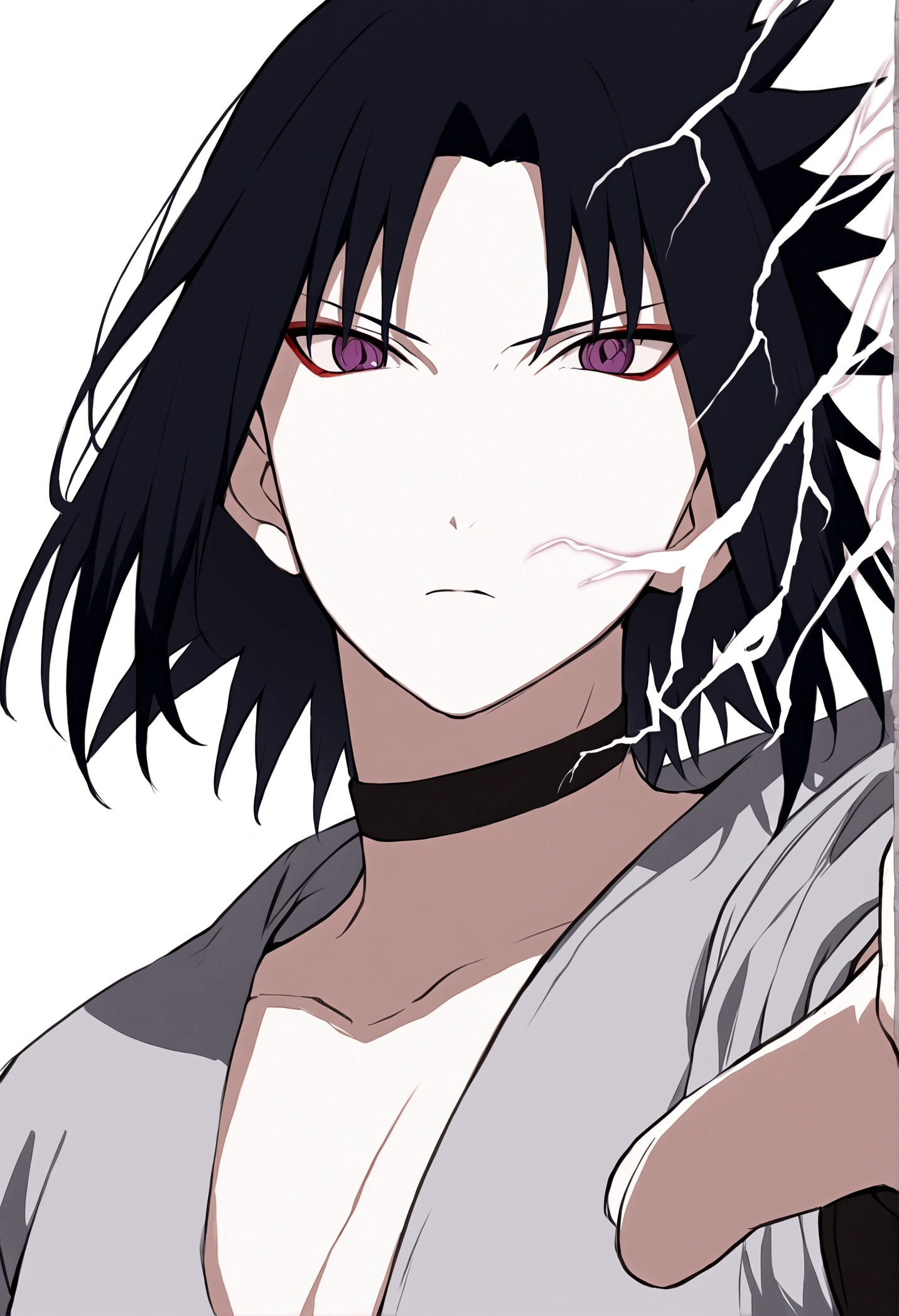 sasuke uchiha, lightning in hand, ready to fight, upper body, sharingan in eyes, uchiha clan, no background