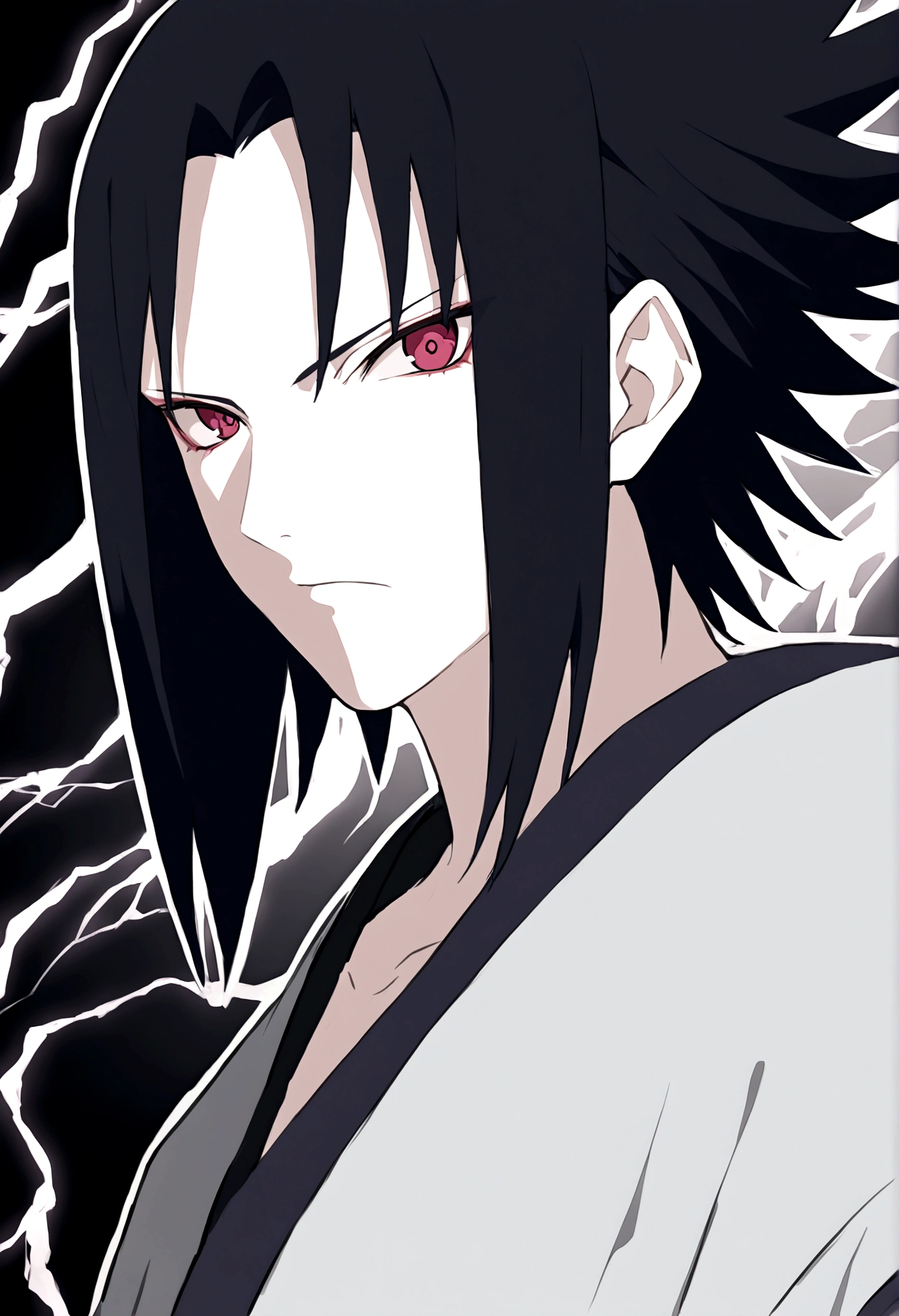 sasuke uchiha, lightning in hand, ready to fight, upper body, sharingan in eyes, uchiha clan, no background