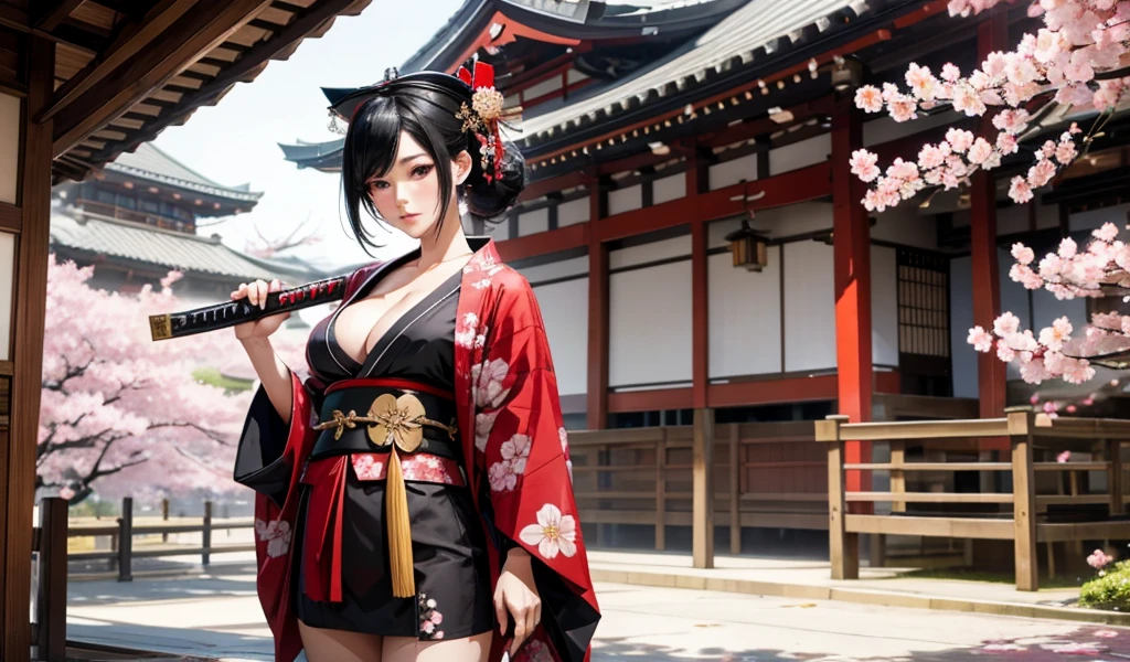 Black hair geisha hairstyle adult women，kimono，Off-shoulder，cleavage，Bare Legs，Japanese Street，Cherry blossoms