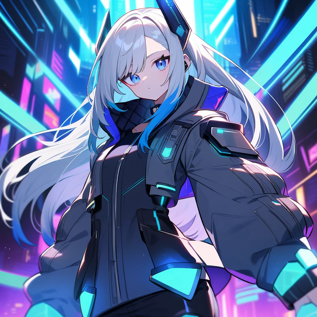 a girl,Long silver hair,long twintails,Blue tights,((Super detailed zipper)),Stylish style,((dynamic poses)),movie lighting effects