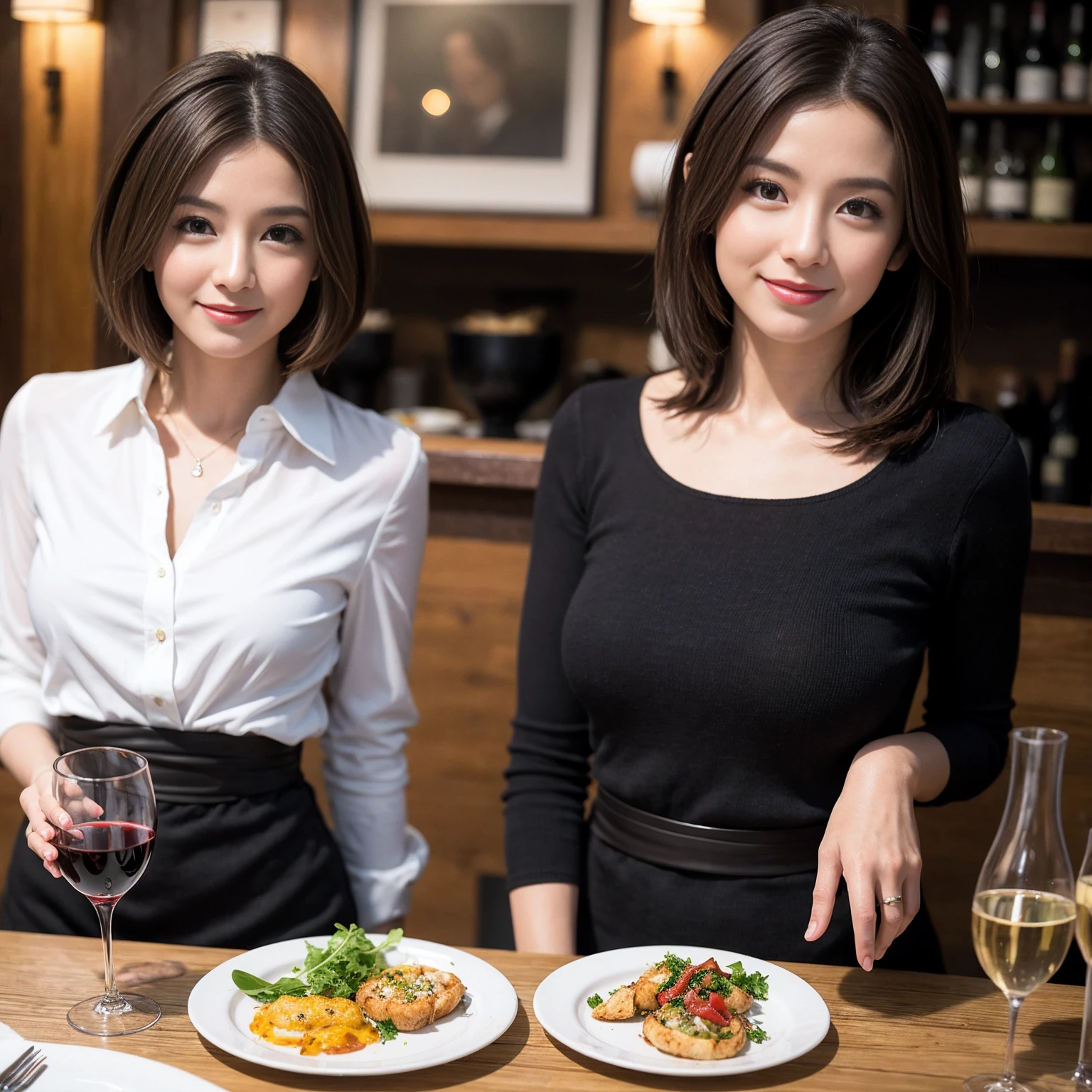 ((Highest quality、8K、masterpiece:1.3))、Yuuko Araki、slimカップル、modelカップル、(Realistic, Intricate details:1.2), full-course dinner、Wine Party、Amazing view of the sunset sky and clouds、A bright smile、The wonderfulness of smile、Bright image、The beauty of wine, Beautiful Face, blue eyes, The light shines on your face, Blushing, short hair,Bright Face、 (Age 37), 39 years old, red wine 、Appetizers、Italian food、Wine bottle、Champagne、sparkling wine、Two beauties、Brown Hair、Shortcuts、Long sleeve shirt、dress、Beautiful woman 1, (slimな顔), (The body is slim), (Brown Hair), (Shortcuts), cheeks turn a little red,Attractive beauty、restaurant, In a prominent place (From the waist up) Nova Frog Style, actress, model, Upper Body, White wine, slim, wine glass, 中央に置かれたwine glass, smile, (smile: 1.15), Beautiful fine grain, Depth f/2,saturation, High Contrast, Strong light and shadow,Moist Body:1.5、3D texture、Delicate eyes、Brown Hair、The hair is very shiny、